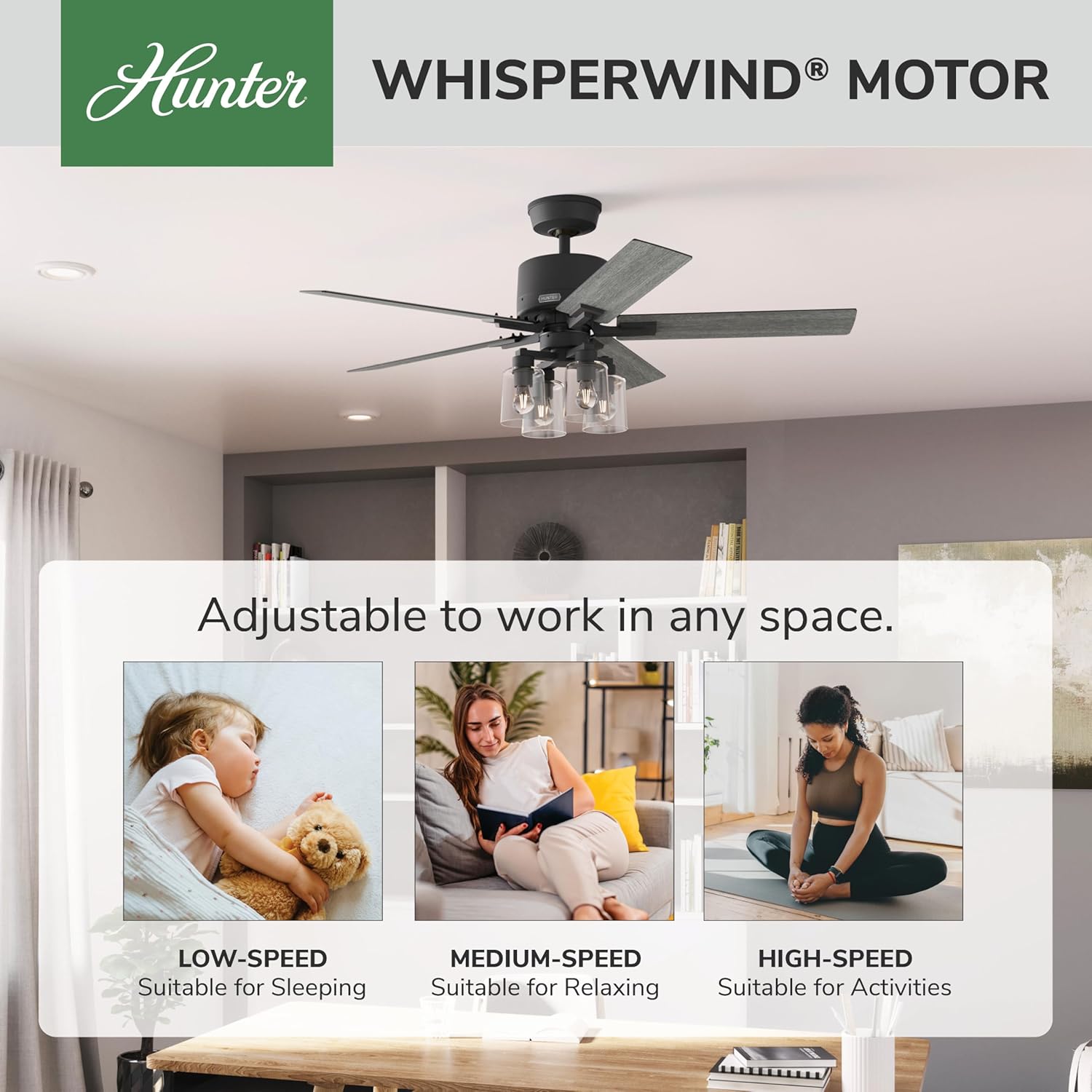 Hunter 52 inch Indoor Ceiling Fan with LED Lights and Remote Control - Black Smart Ceiling Fan, Standard Mount, 5 Blades, For Bedroom, Living Room, or Kitchen, Quiet - Techne 52311, Matte Black