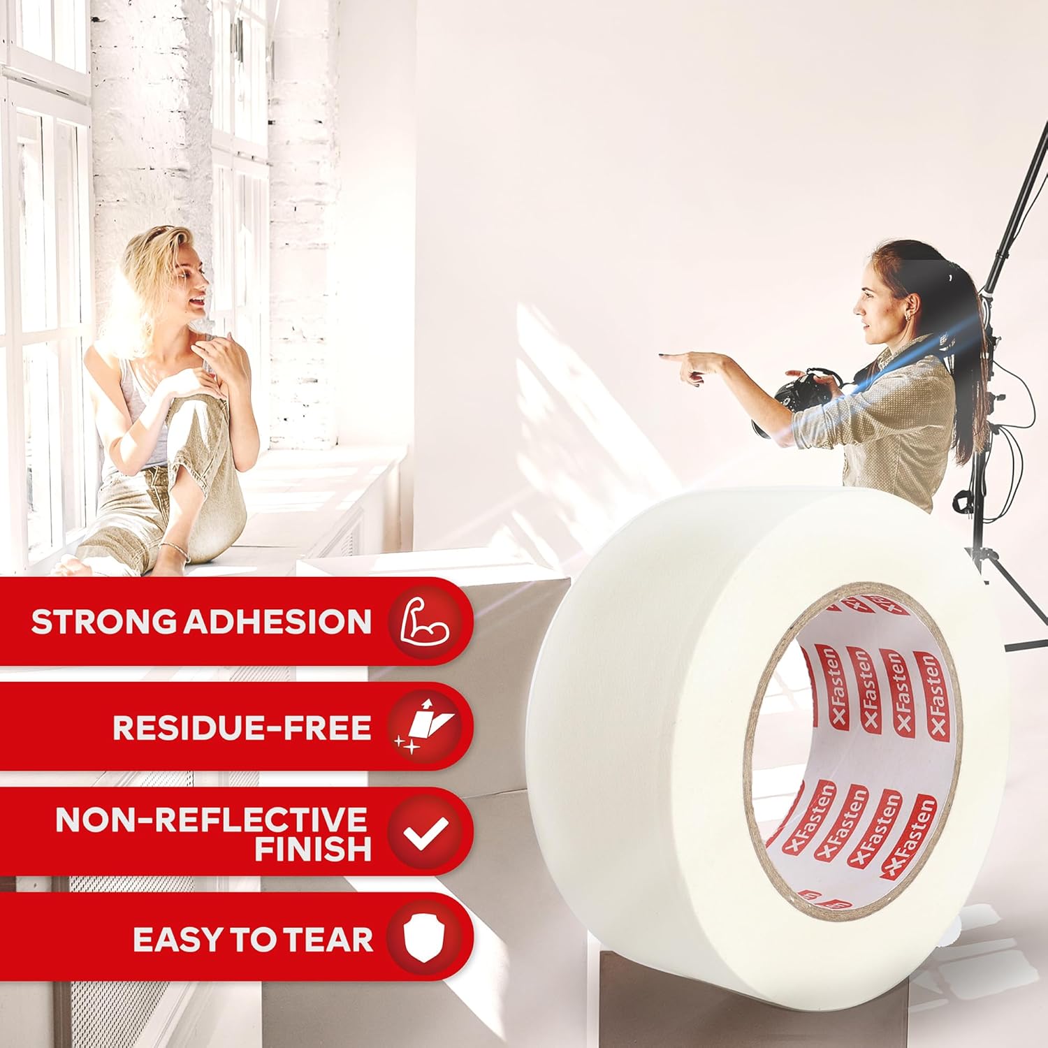 XFasten White Gaffers Tape 2 Inch x 30 Yards, Residue-Free Strong Adhesion (4-Pack 360-feet Total) Non-Reflective Cloth Matte White Tape for Walls, Cords, Bookbinding, Console, Photography