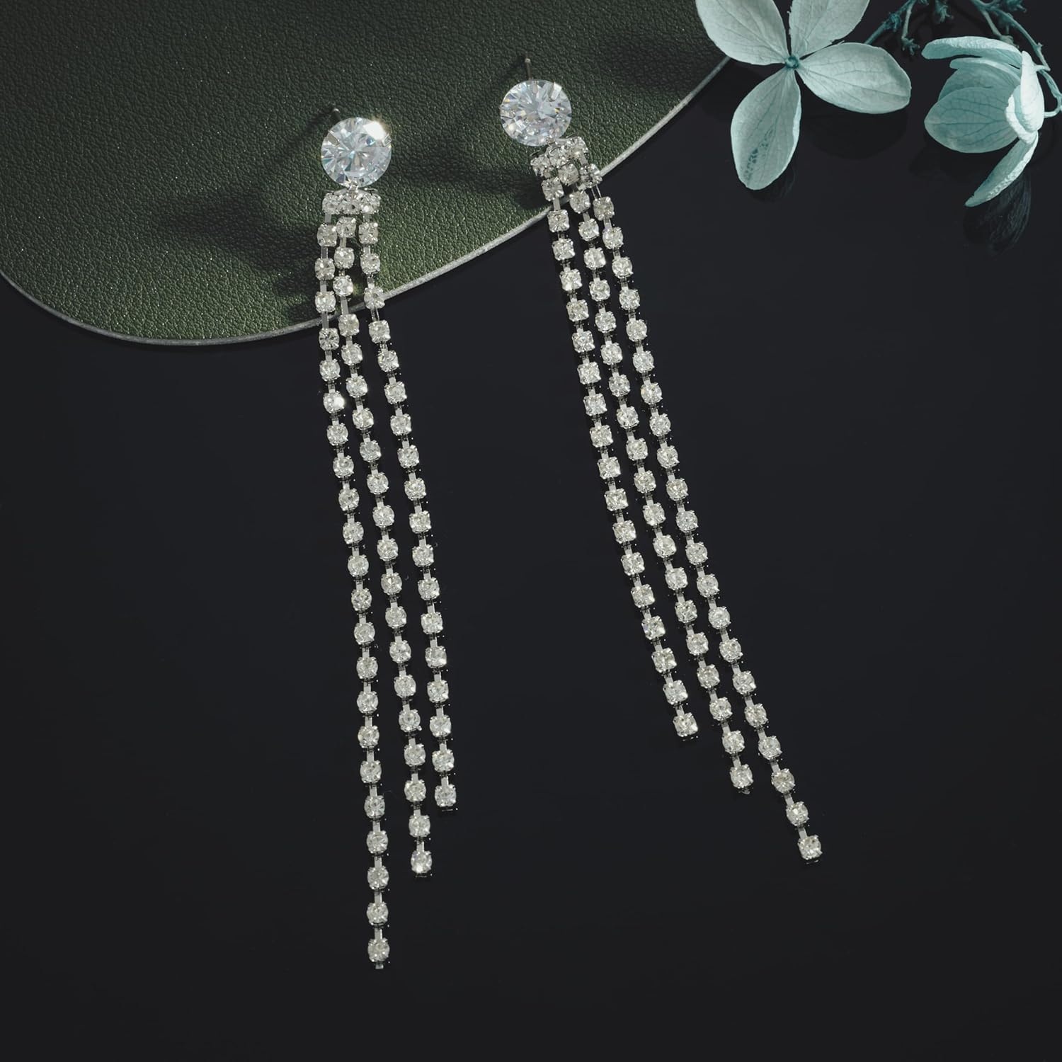 SELOVO Long 3 Chain Tassel Crystal Dangle Earring White Cubic Zirconia Bridal Jewelry - Image 6