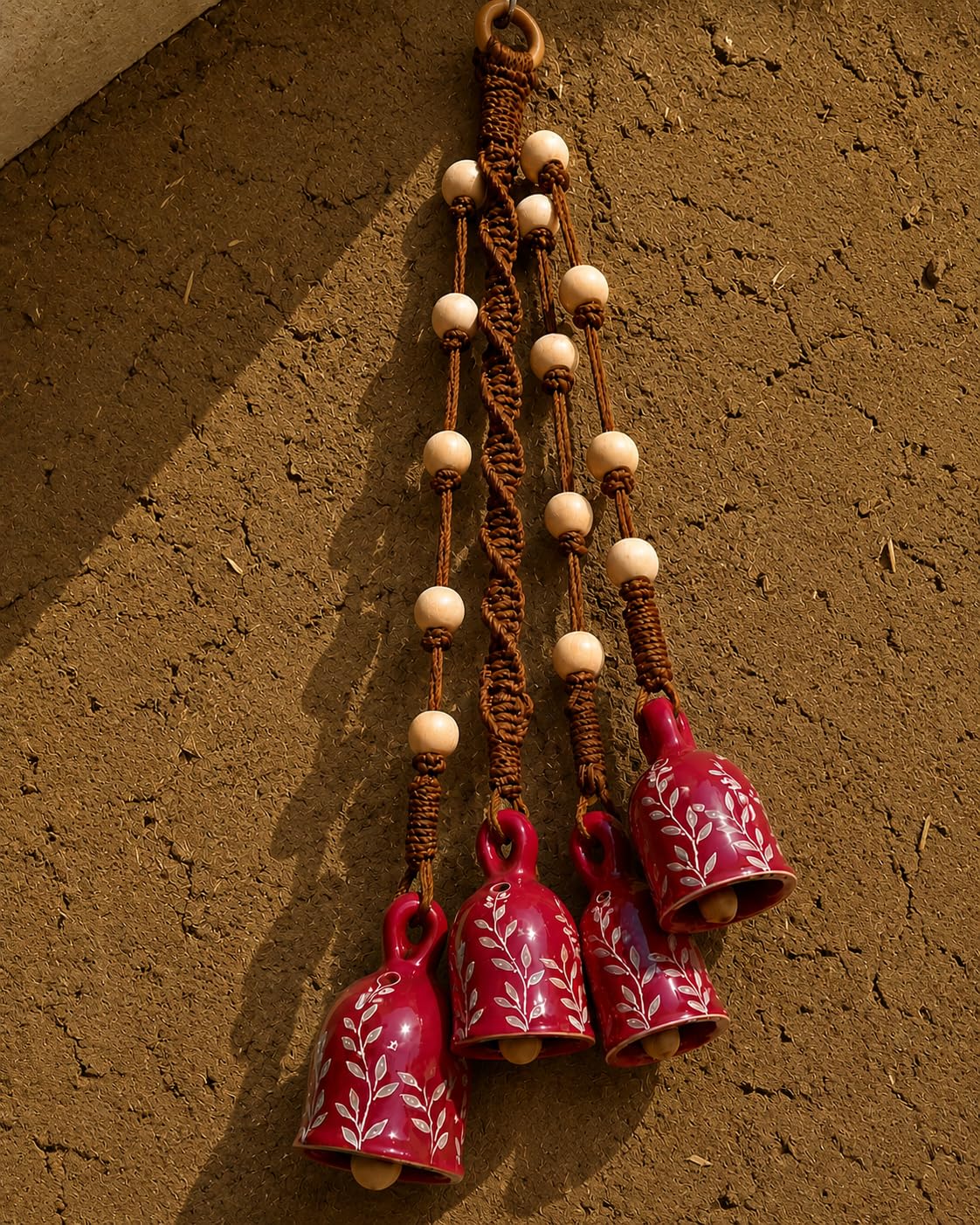 Handmade Ceramic Wind Chime with 4 Large Hand-Painted Bells (4 Inch Each) | Macrame Rope & Wooden Beads Hanging Decor | Soothing Melodic Sound | Home Decoration-picture-13
