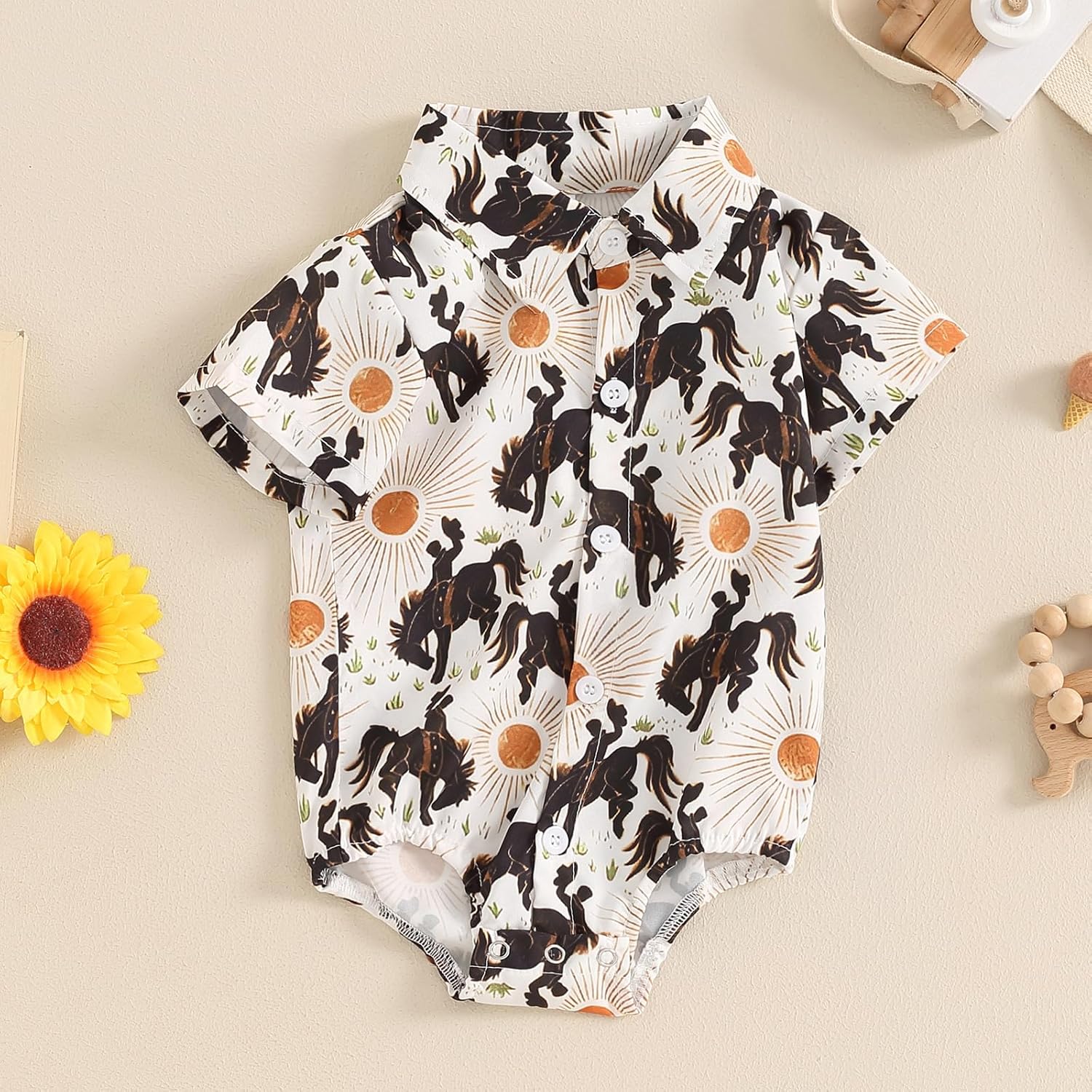 Western Baby Boy Clothes Horse Print Shirt Romper Short Sleeve Button Down Bodysuit Infant Gentleman Summer Outfit - Image 2
