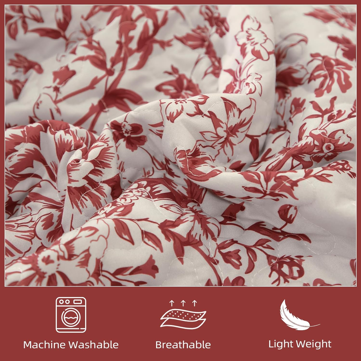 WONGS BEDDING Quilt Queen Size, Christmas Red Quilt Bedding Set with 2 Pillowcases, Botanical Quilts for Queen Bed, Soft Microfiber Lightweight Coverlet Bedspread for All Season (96"×90", 3 Pieces) - Image 6