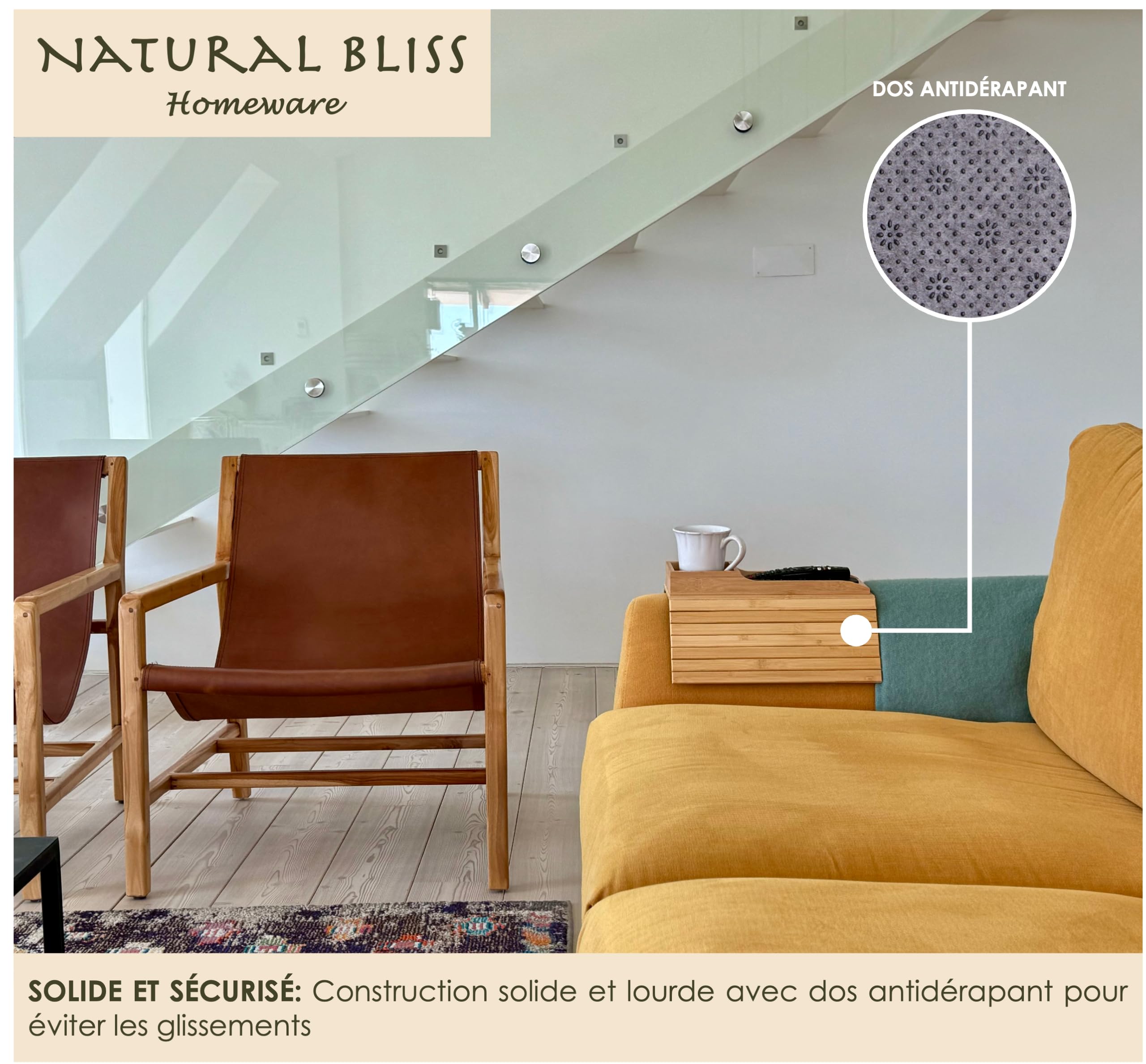 Natural Bliss – Table d’appoint en Bambou pour Accoudoir Canapé | Plateau Repas Antidérapant, Pliable et Réglable pour Tasse | Organisateur & Porte Télécommande et Téléphone