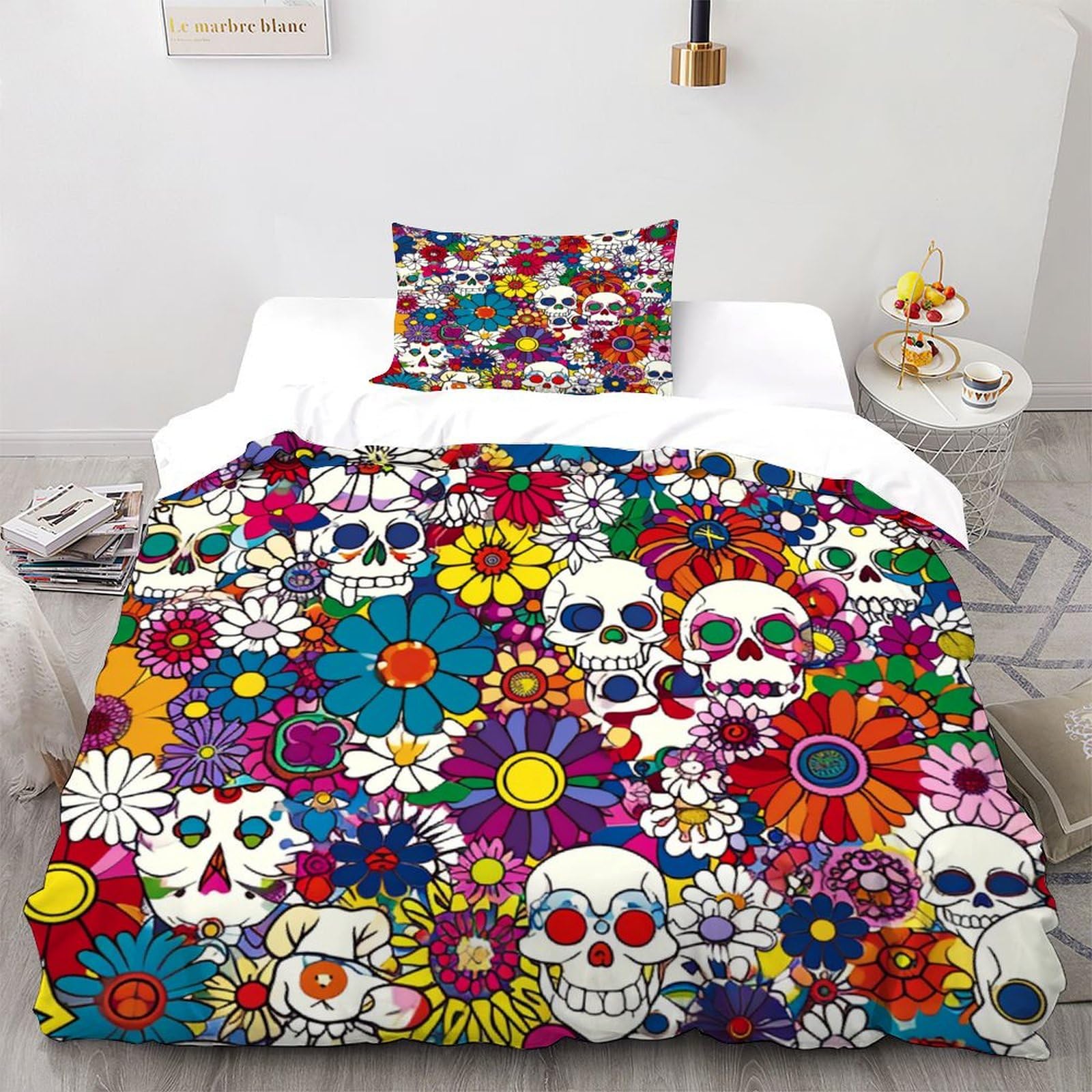 Housse de couette skull microfibre anti-plis parure de lit gothique pour un entretien facile