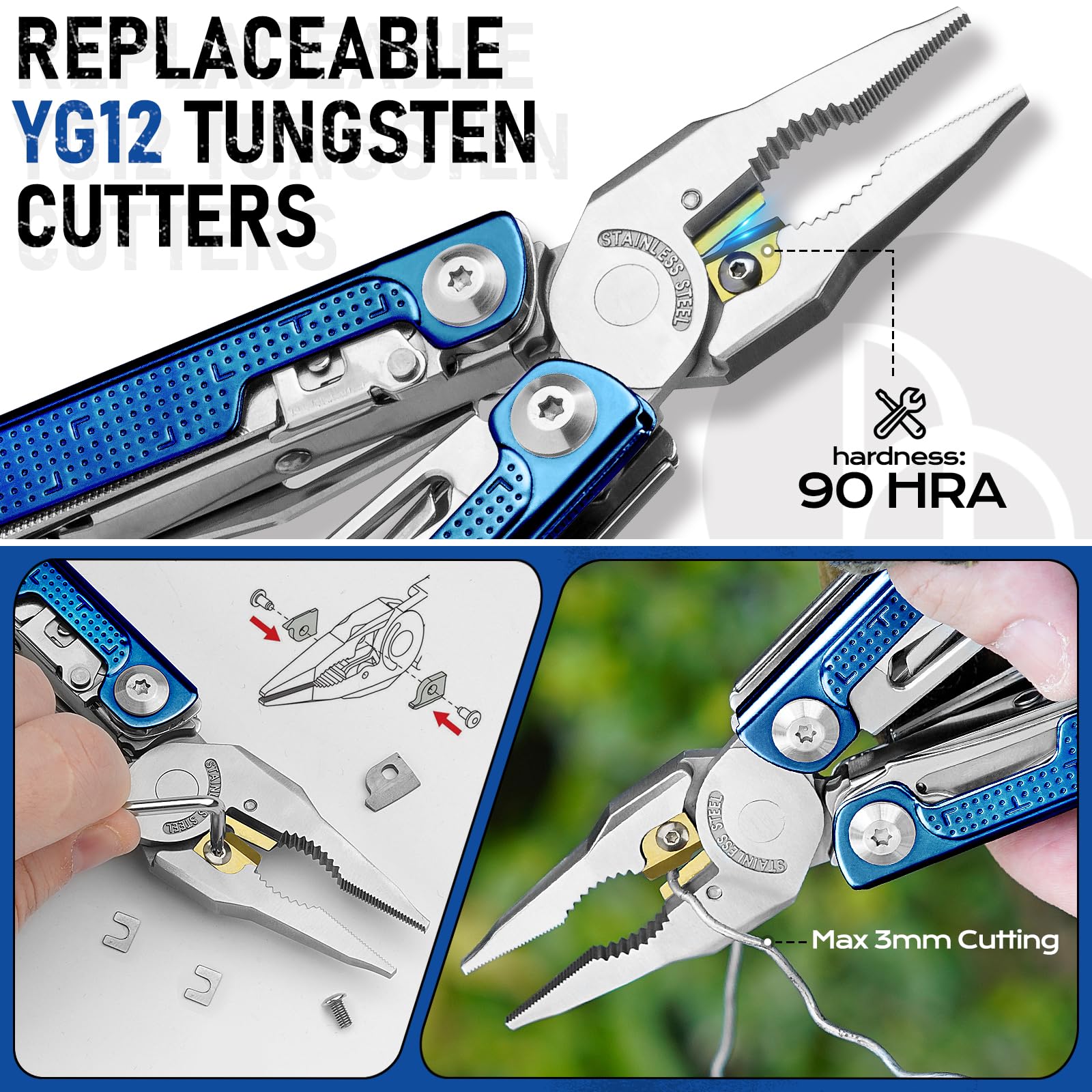 BIBURY Multitool Tang BI2049BL z niebieskim tytanowym uchwytem, wielofunkcyjne narzędzie EDC z wymiennym narzędziem do cięcia drutu, nożycami pełnowymiarowymi i zestawem wkrętaków, trwałe narzędzie