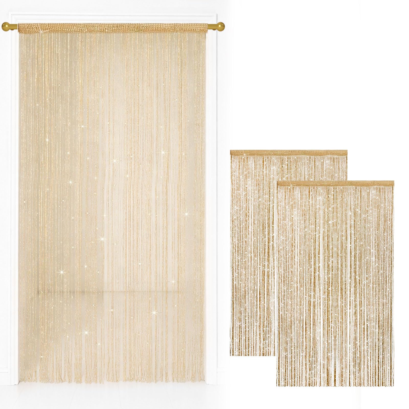 2 Pack String Door Curtains, 100 x 200 cm Glitter Fringe Panel Silver — image 1