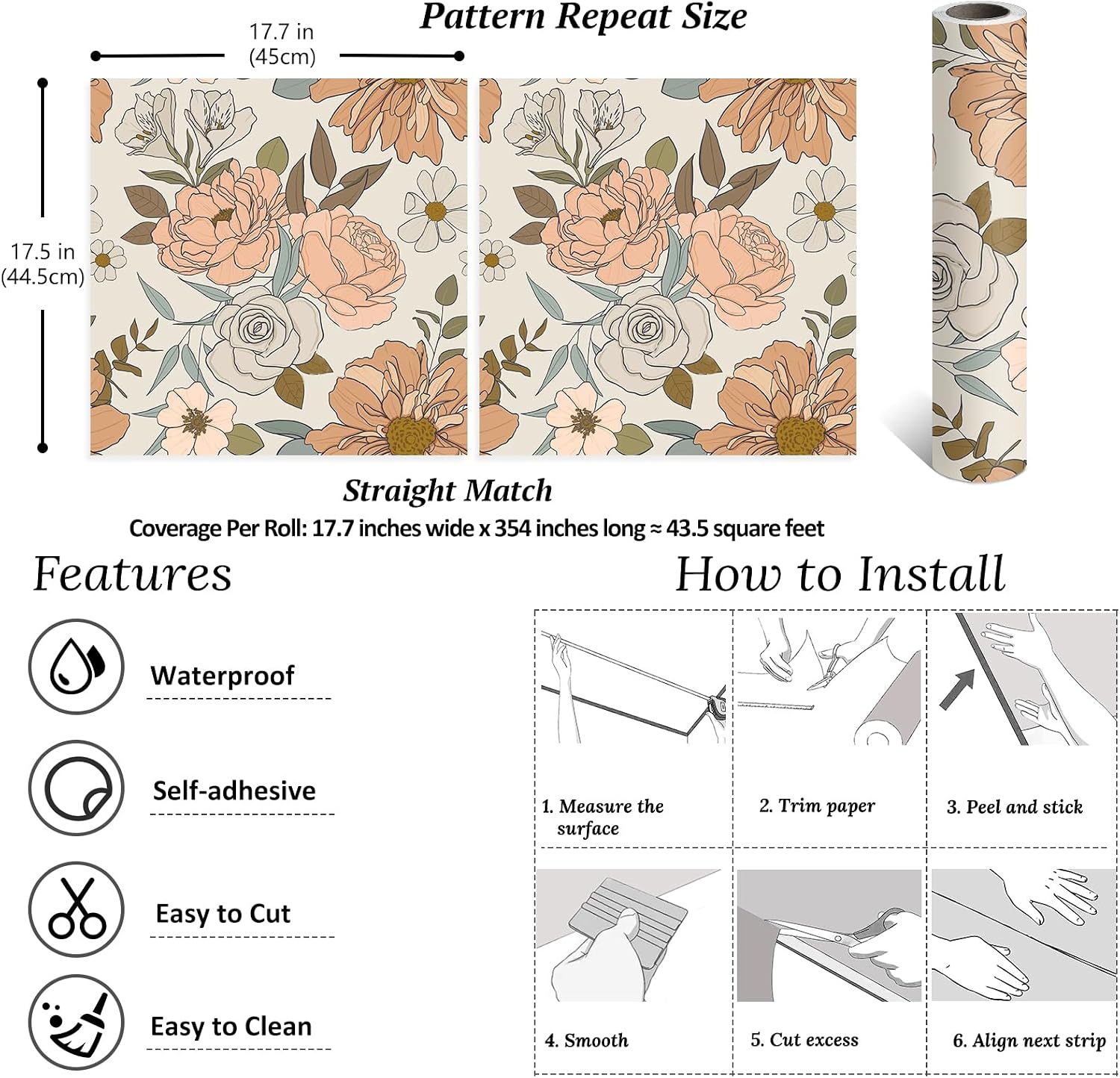 VEELIKE Retro Floral Wallpaper Peel and Stick Vintage Peonies Floral Removable Wallpaper for Renters 17.7''x354'' Self Adhesive Floral Contact Paper for Cabinets Drawers Floral Wall Paper for Bedroom