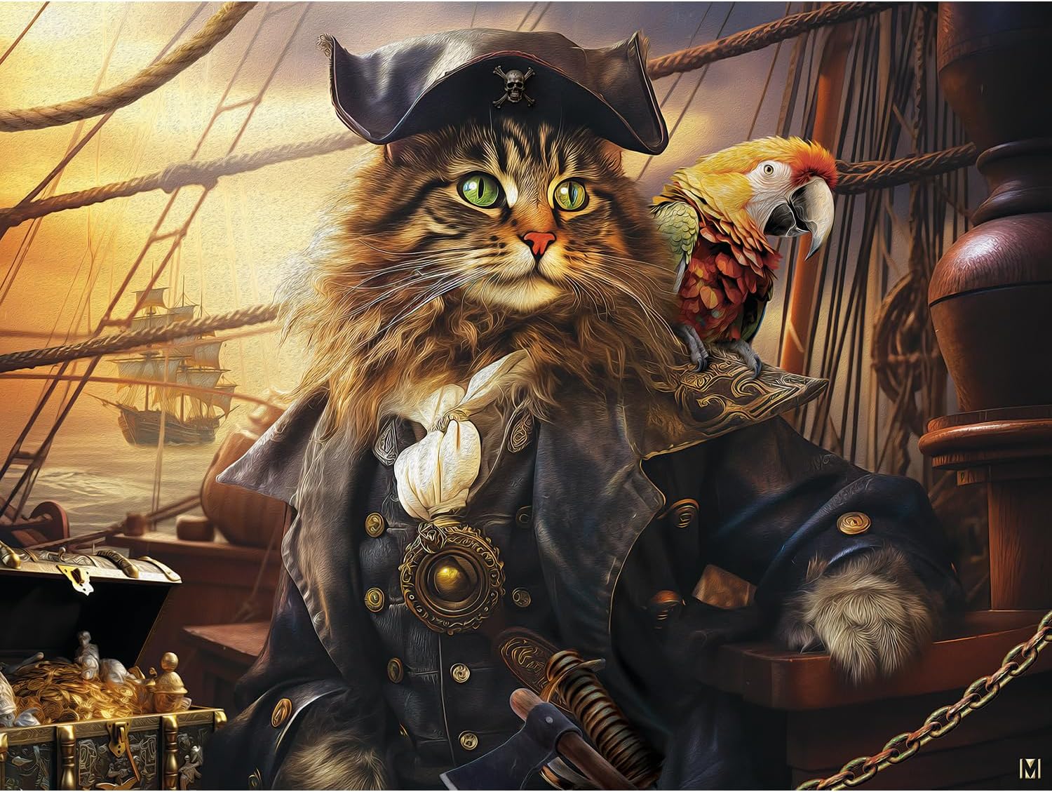 Bits and Pieces 300 Piece Puzzles for Adults Large Pieces 18" x 24" Jigsaw Puzzles 300 Large Pieces Pirate Cat, Random Die Cut, No 2 Pieces Alike, Captian Jackity