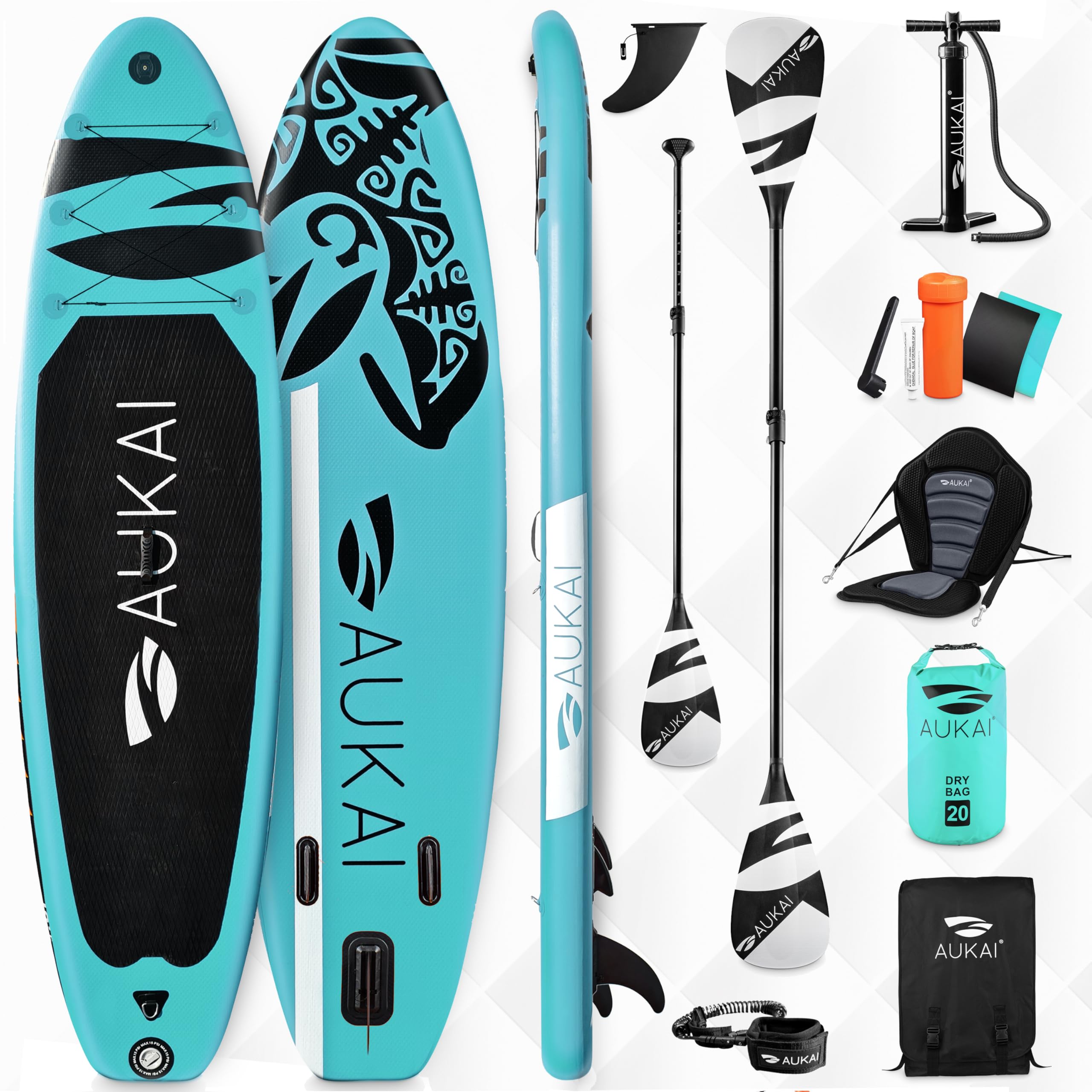 AUKAI SUP Board PRO 320cm | 2in1 Aufblasbares Stand up Paddle Set mit Kajak-Sitz | 5 Jahre Garantie | Komplettsett | Sitz, Action-Cam-Halterung, Pumpe