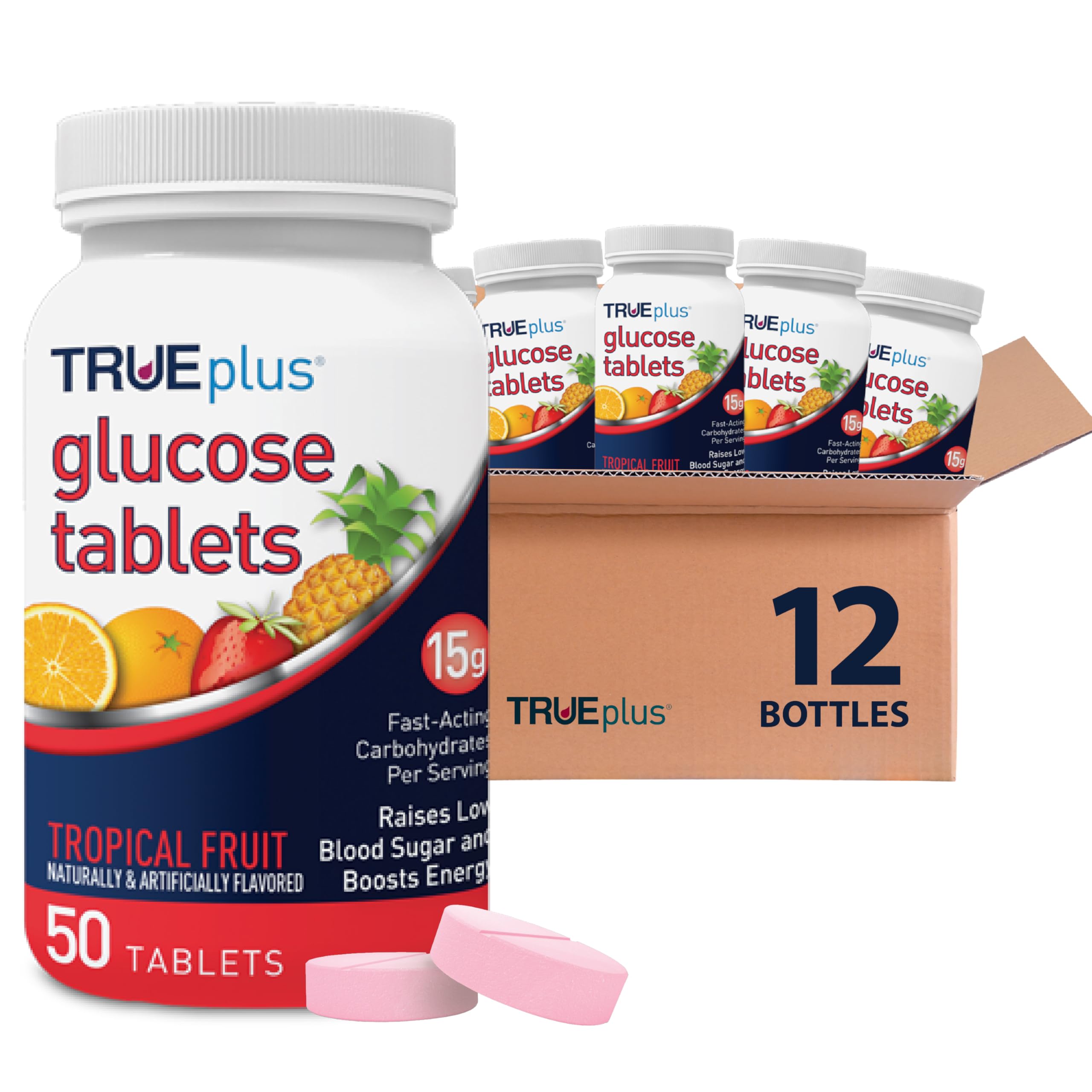 TRUEplus Glucose Tablets, Tropical Fruit Flavor - 50ct case of 12 Bottles