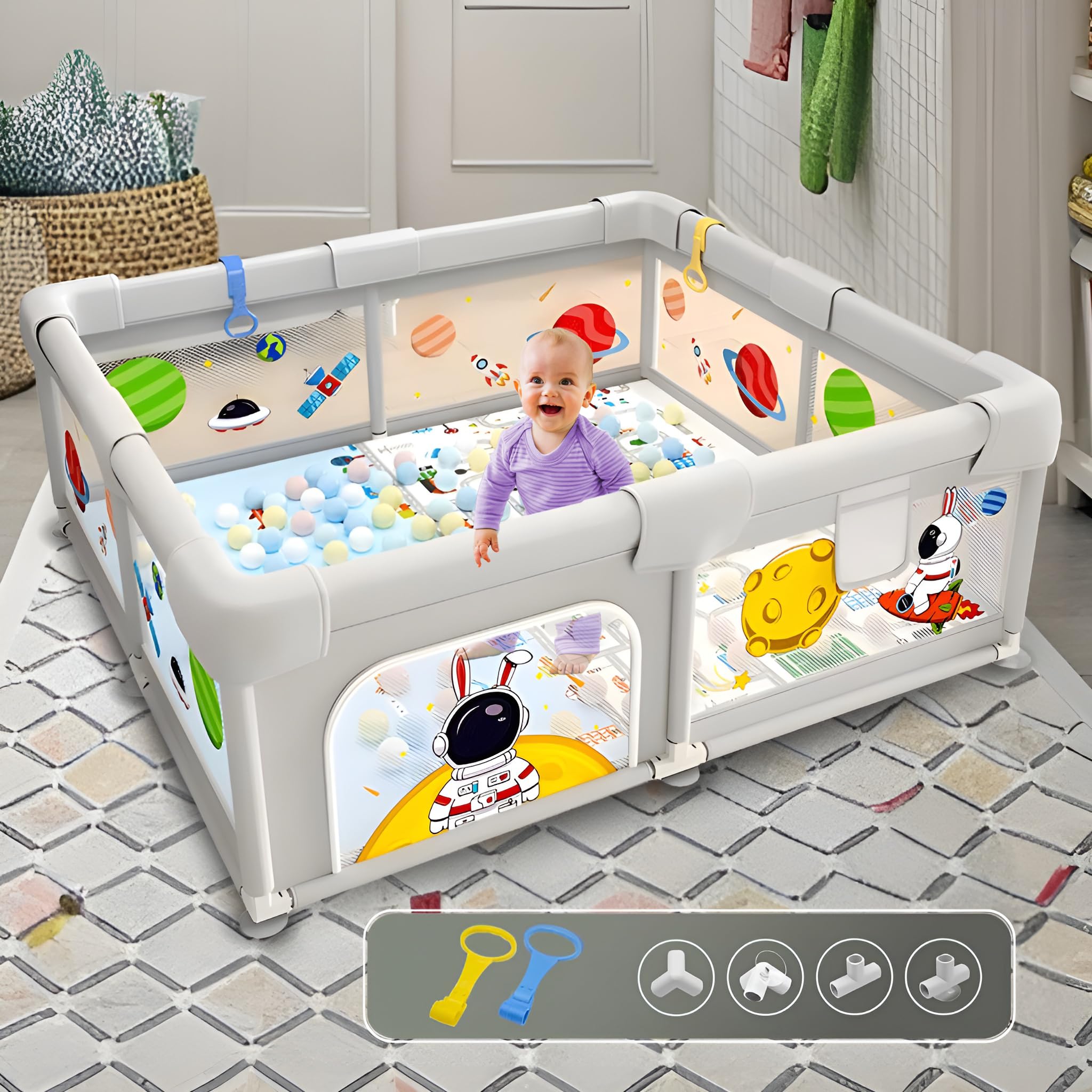 CAREIT Playards|Playpen for Kids up to 4 Years, Spacious 120x120 cm Baby Play Yard with Safety Lock & Hand Grip, Thick Padding & 360° Mesh Visibility, Portable Activity Center for Toddlers - LightGrey