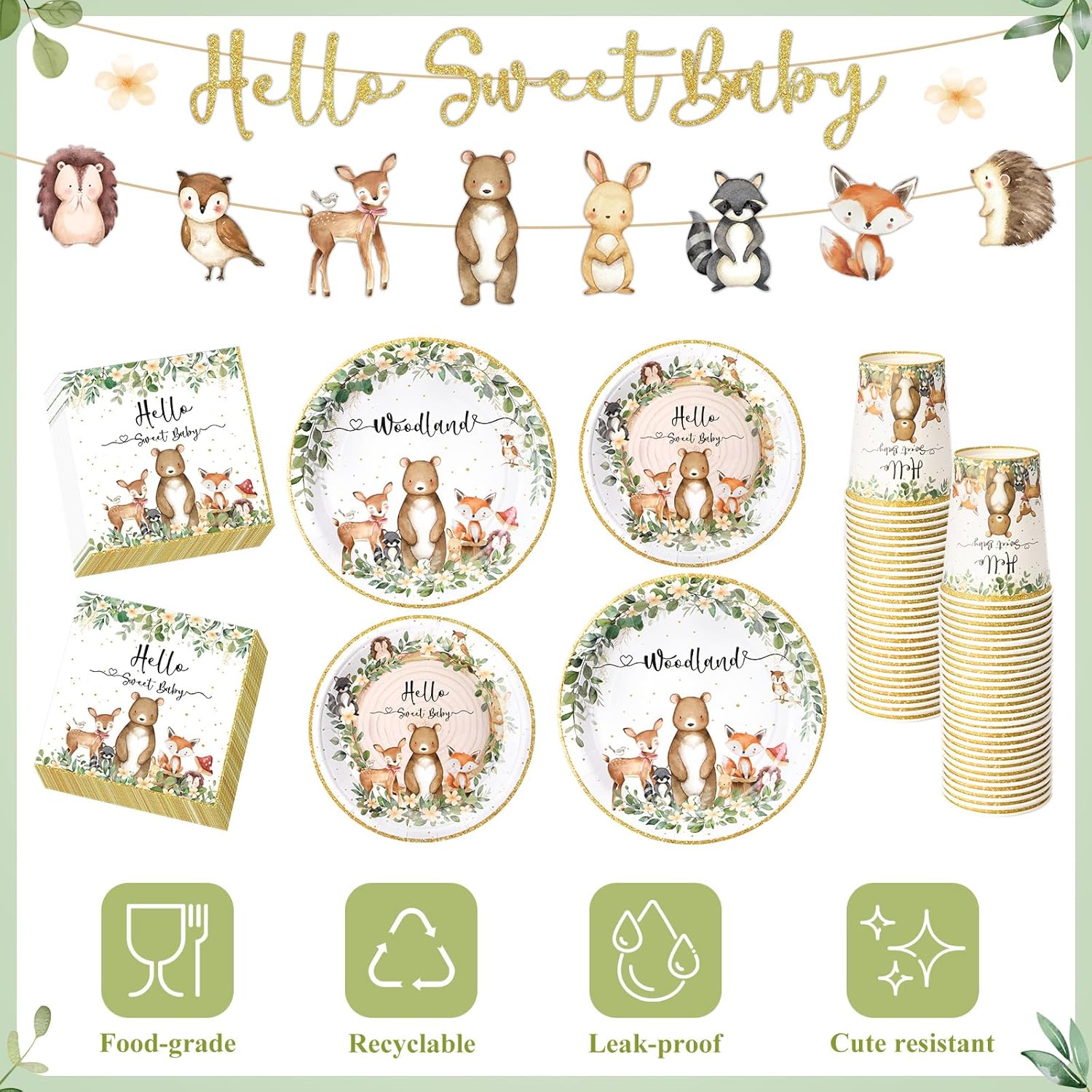 Remerry 403 Pcs Woodland Baby Shower Decorations for 50, Safari Jungle Animal Paper Plates Napkins Cups Cutlery Tablecloth and Banner Disposable Tableware Set for Woodland Baby Shower Party Supplies