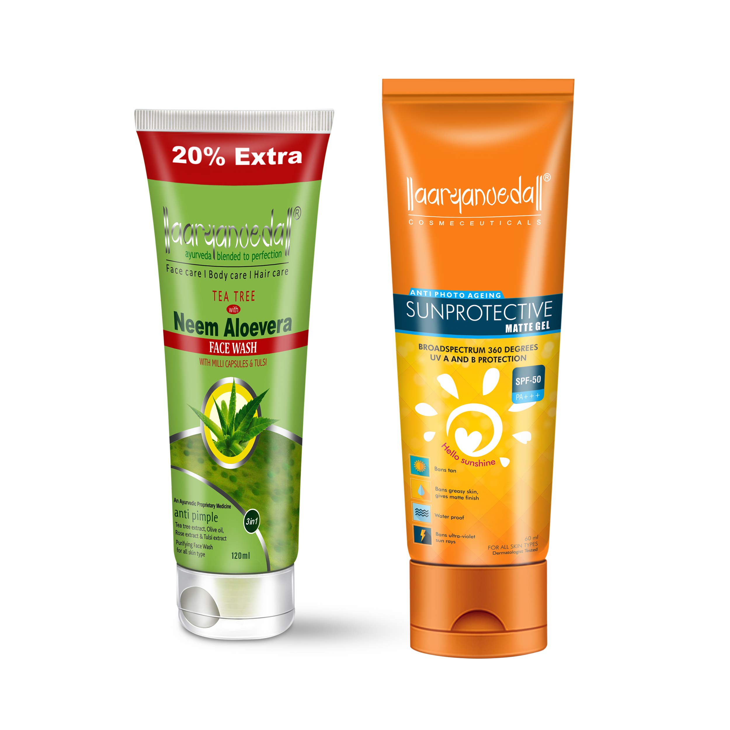 Aryanveda Tea Tree Face Wash Neem & Aloe Vera Extracts, 120ml And Sunscreen Lotion SPF 50, (60gm)