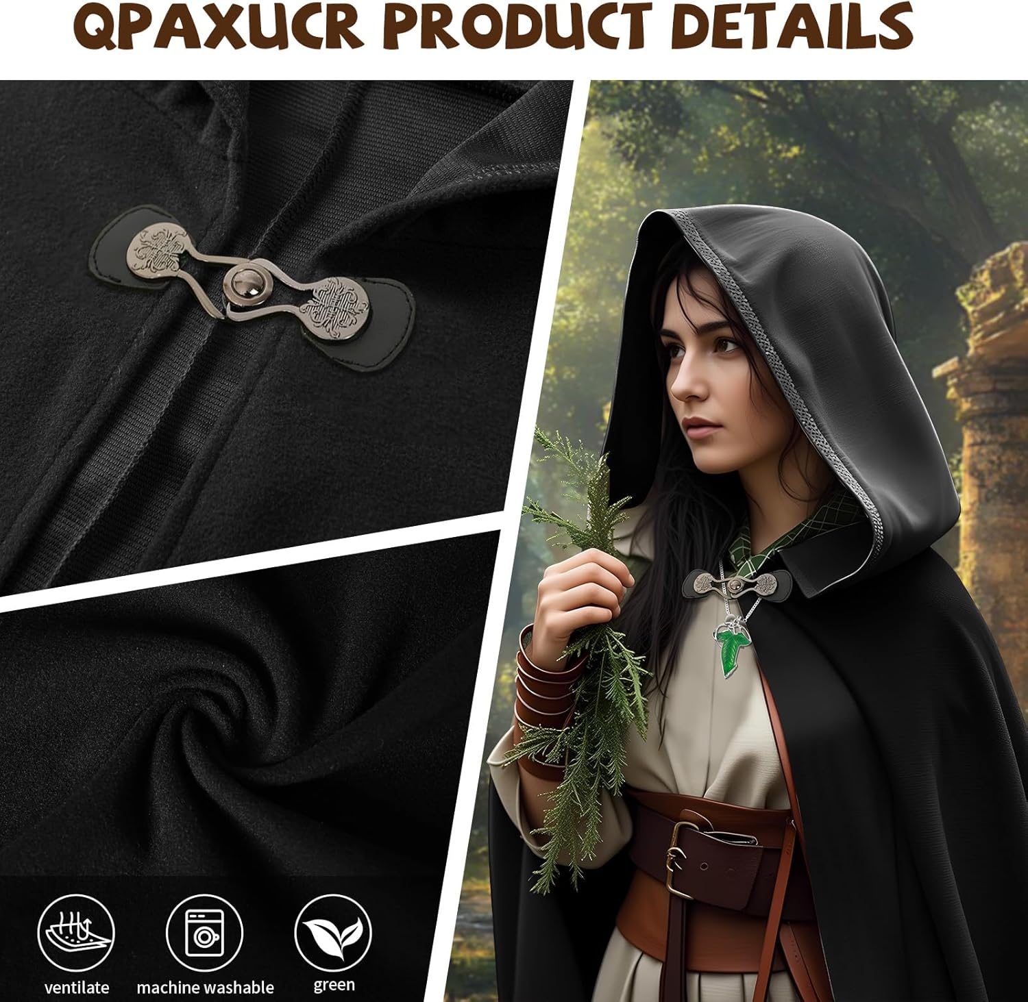 Renaissance Cloak Women, medieval costume Long Cloak with hood and Green Leaf Brooch Necklace for Halloween Party. - Image 2