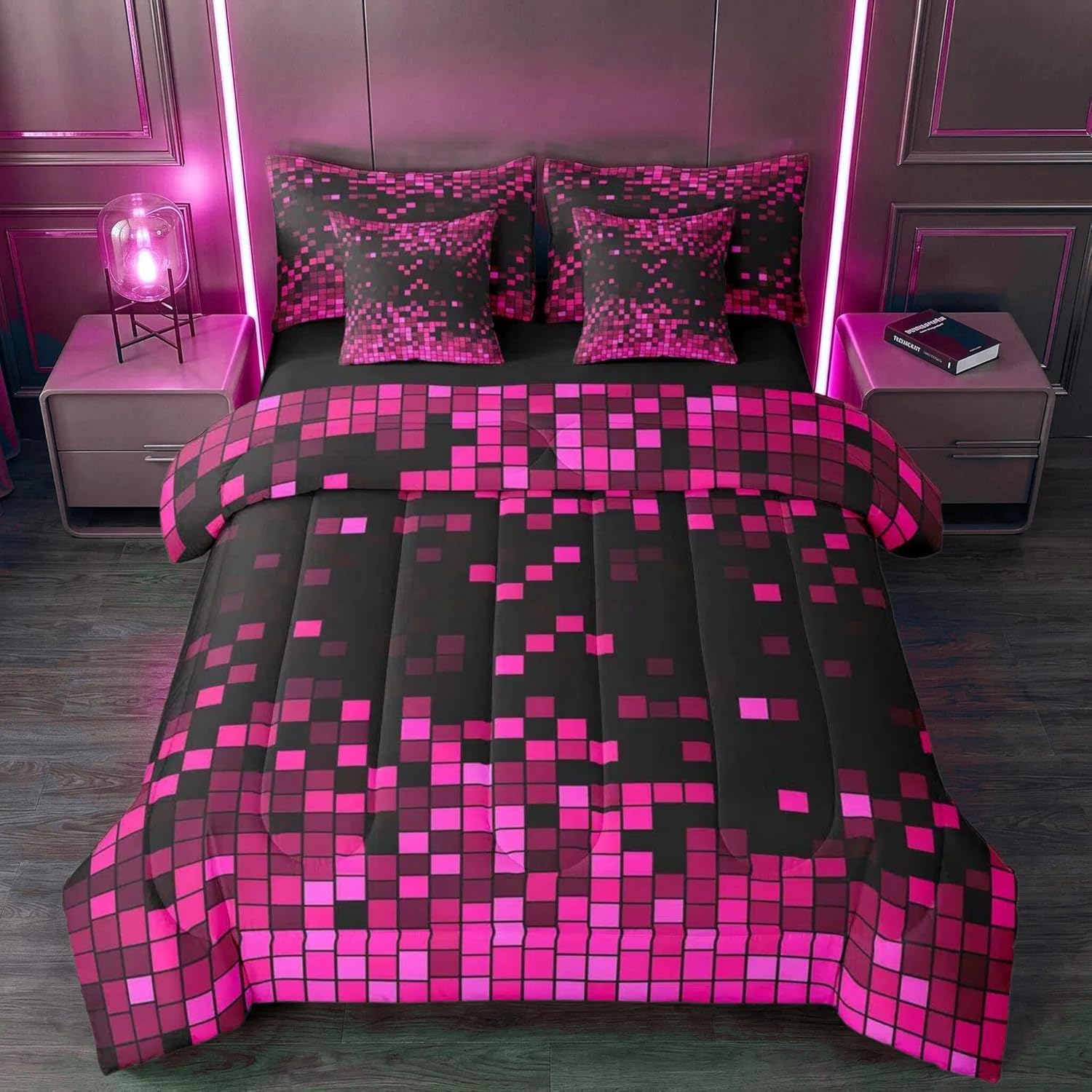 Feelyou Pink Black Gradient 8-bit Pixel Queen Comforter Set with Sheets for Kids Boys Girls Nostalgic Gamer 7 Pieces Bedding Set Retro Pixel Bed in a Bag Gaming Room Decor Room Decor Microfiber