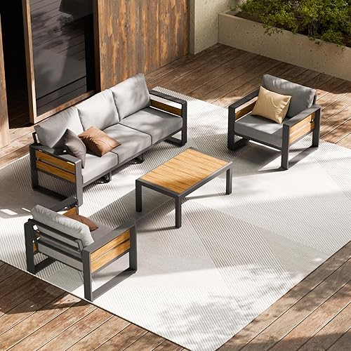 ZANDOR Juego de muebles de aluminio para patio al aire libre, 4 piezas de metal moderno, sofá seccional para conversación al aire libre con mesa de