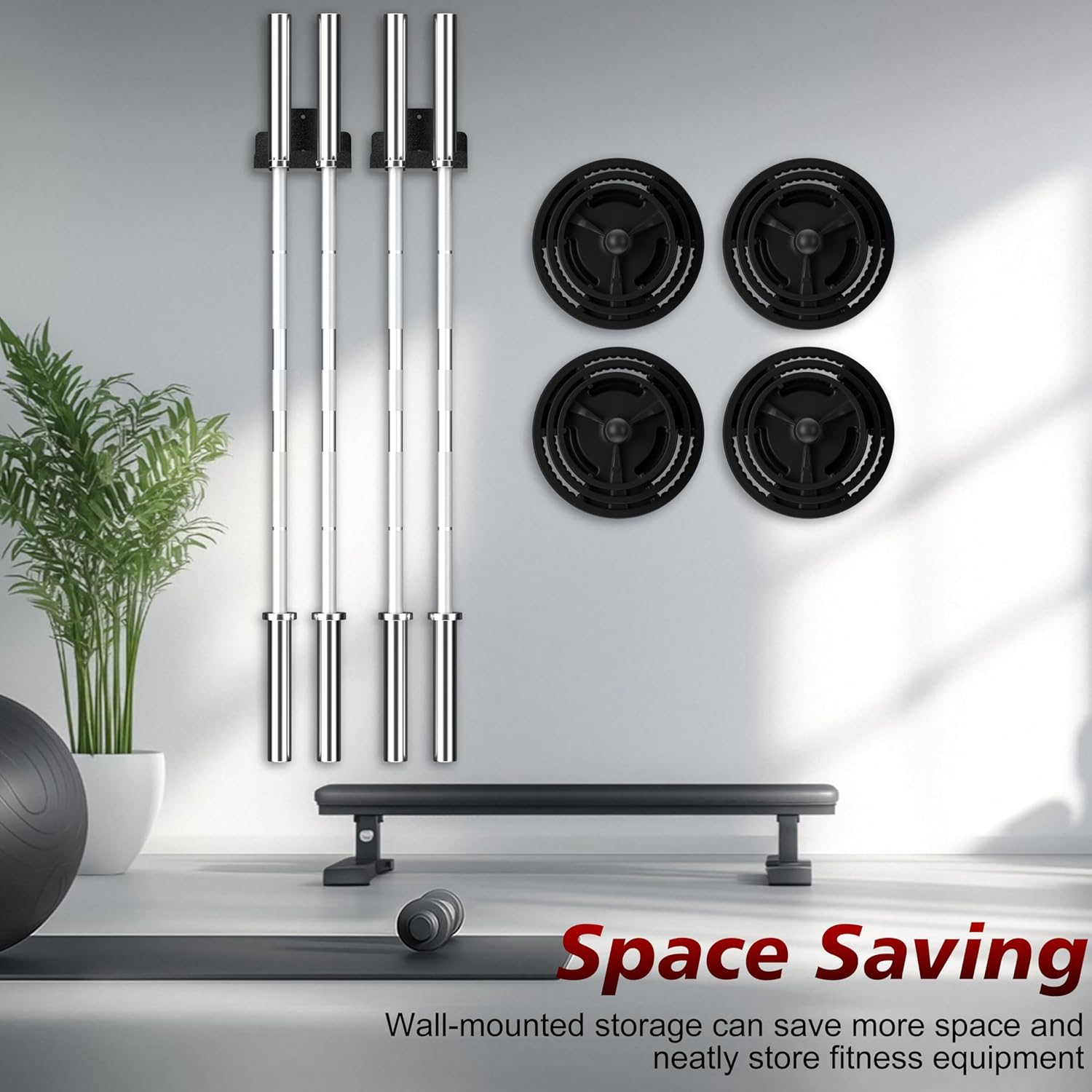 4 Pack Wall Mounted Weight Plate Holder and 1 Pack 2 Hooks Barbell Hanger, Weight Plate Holder for 2" Weight Plates, Vertical Barbell Holder With Protective Rubber Pad for Garage Home Gym