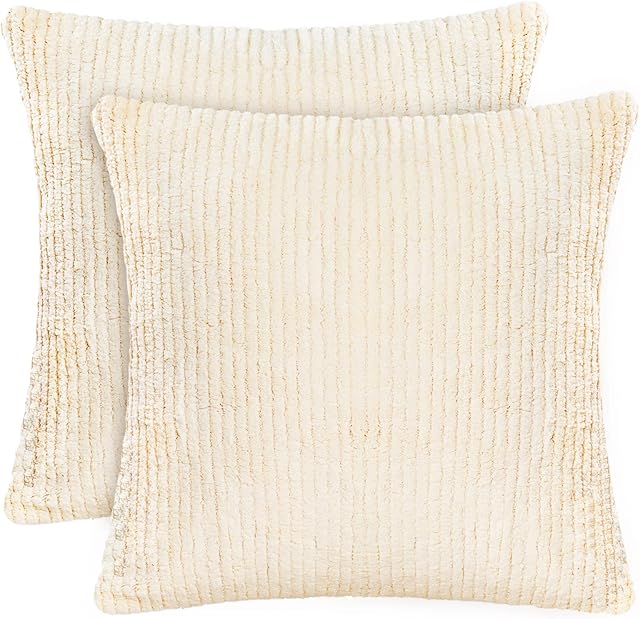 Geepen Cushion Covers 45 x 45 cm Set of 2 Ribbed Corduroy Throw Pillow Cases for Sofa Couch Home Decorative, 18" x 18" - Beige