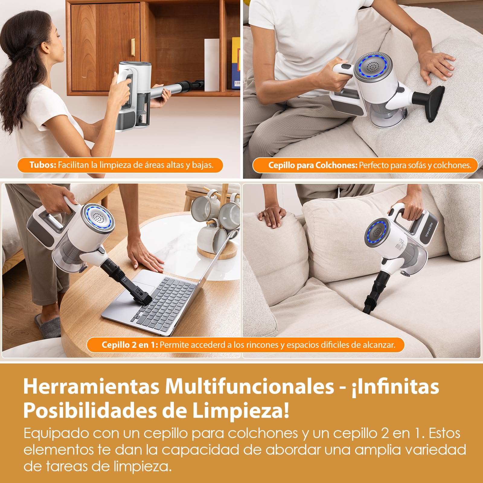 VersLife Aspiradora sin Cable S6PRO,30KPa Escoba Aspiradora sin Cable Potente,Diseño Sin Enredos,Filtración HEPA,Aspirador Vertical Ligera con Accesorios Multifuncionales para Suelos y Mascotas