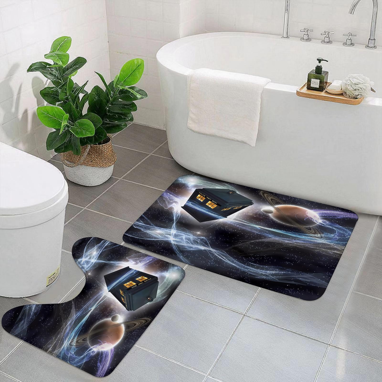 Set di 2 tappetini da Bagno, Lavabili in Lavatrice e Antiscivolo, tappetini in Morbida Fibra Superfine, Cabina telefonica sopra Le nebulose nello Spazio. (2)