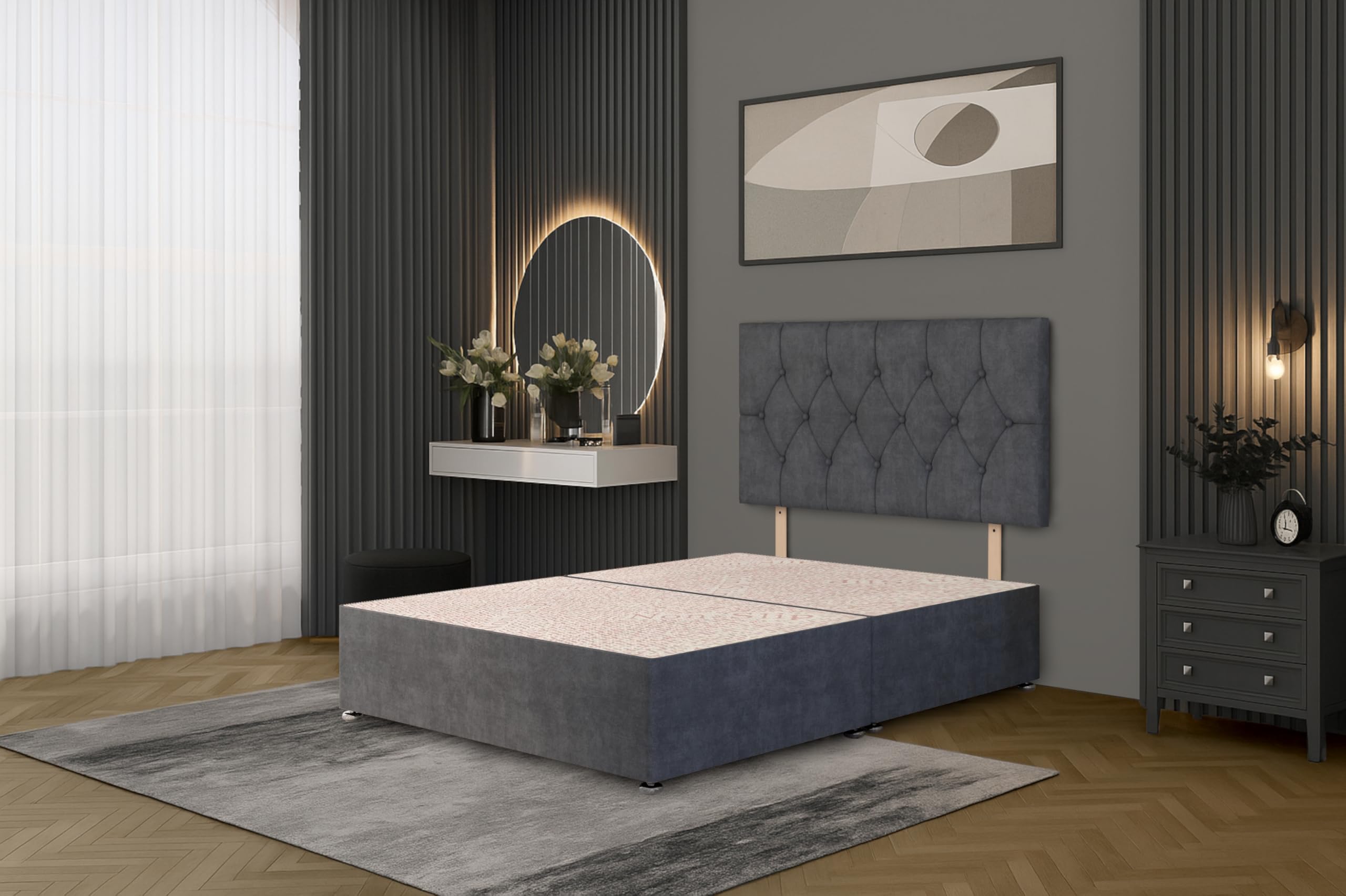 Bed Centre Charcoal Plush Fabric Divan Base Plus Matching Headboard3ft 4ft 4ft6 5ft 6ft (4FT6 (Double))
