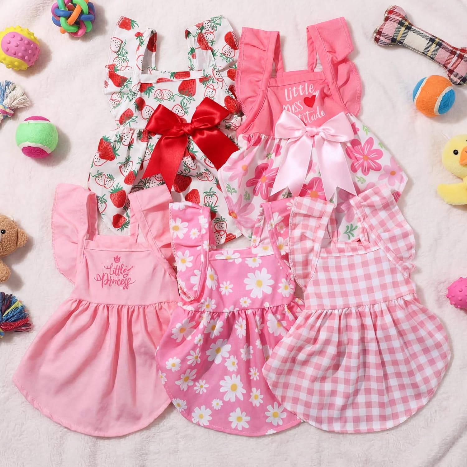 Abbylike 5 Pcs Dog Dress Floral Daisy Strawberry Plaid Bowknot Dog Clothes Cute Summer Pink Puppy Dresses Outfits Cute Apparel for Small Pets Cats Female (Small)