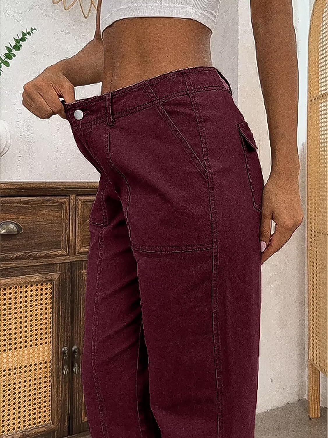 Flamingals Women’s Mid Waist Crop Pants Carrot Straight Leg Casual Fashion Trendy Stitch Detail Pants