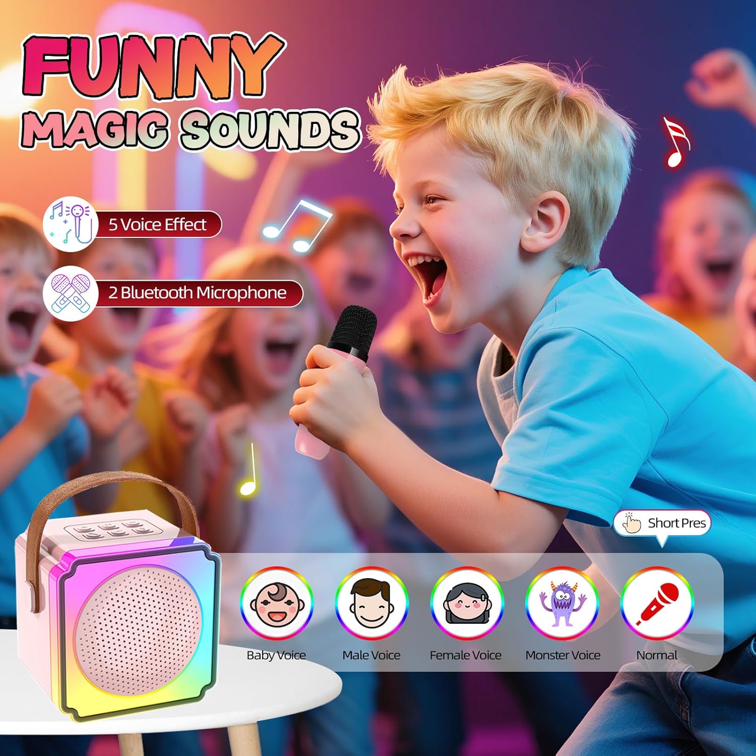 EFAILY Karaoke Machine for Kids, Christmas Birthday Gifts Toys Portable Bluetooth Speaker with 2 Wireless Microphones, Mini Karaoke Machine with LED Light for 4-12+ Years Old (Pink) - Image 4