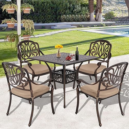 Miniatura 7 de Grepatio Juego de comedor de 5 piezas de aluminio fundido para patio, juego de muebles para exteriores, juego de patio y jardín con 4 sillas Ding, 4