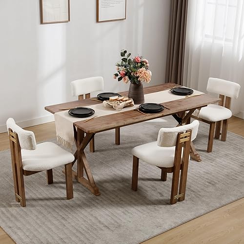 Miniatura 11 de Juego de 6 Sillas de Comedor de Madera con Lino, Sillas Modernas de Estilo Casa de Campo para Comedor y Cocina con Respaldo Curvado y Patas de Lino