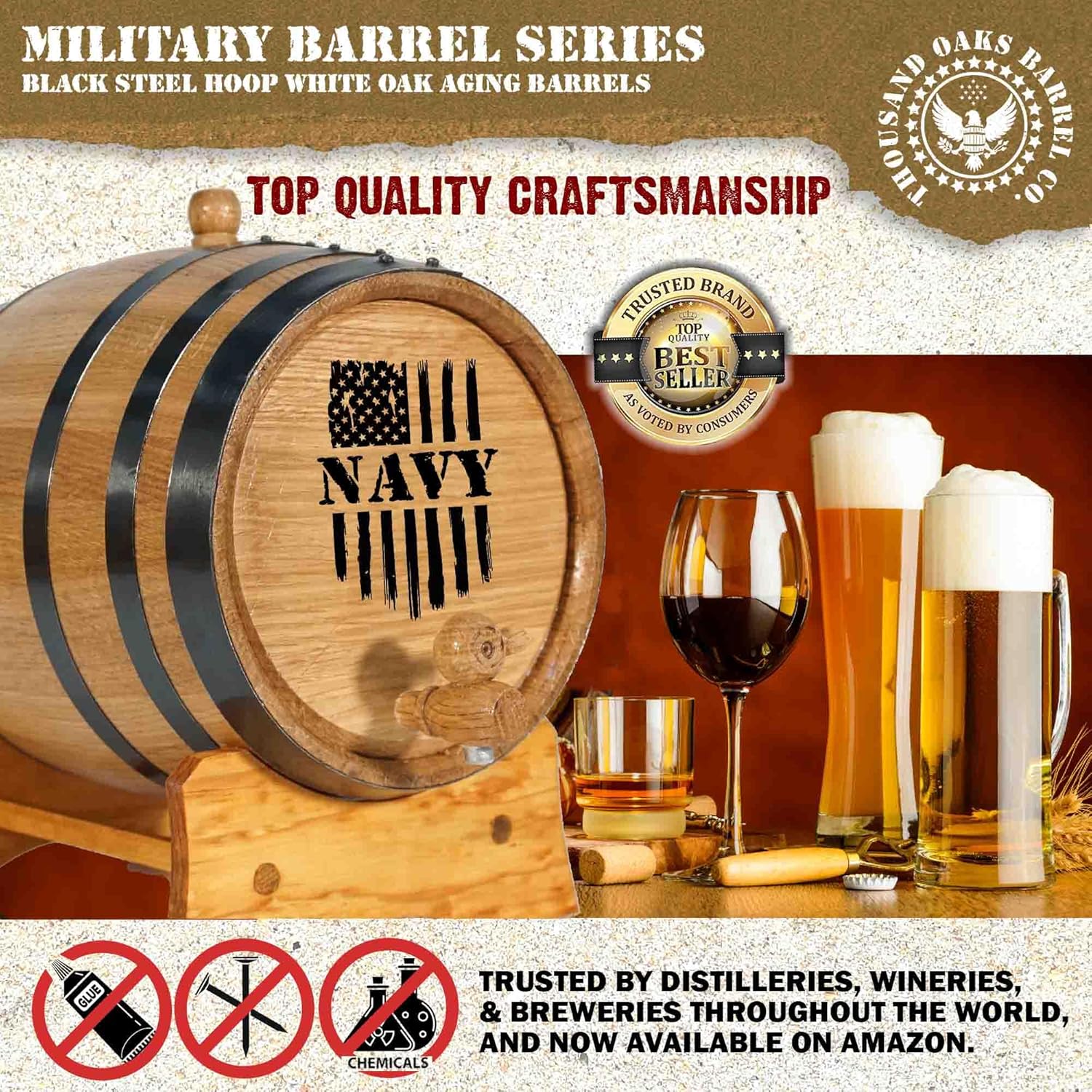 US Navy 2 Liter Oak Aging Barrel Dispenser w/Wood Stand, Bung & Spigot - Patriotic Military Veteran Gifts, 2L Charred Mini Bourbon Whiskey Barrels for The Home Distiller, Moonshiner & Winemaker