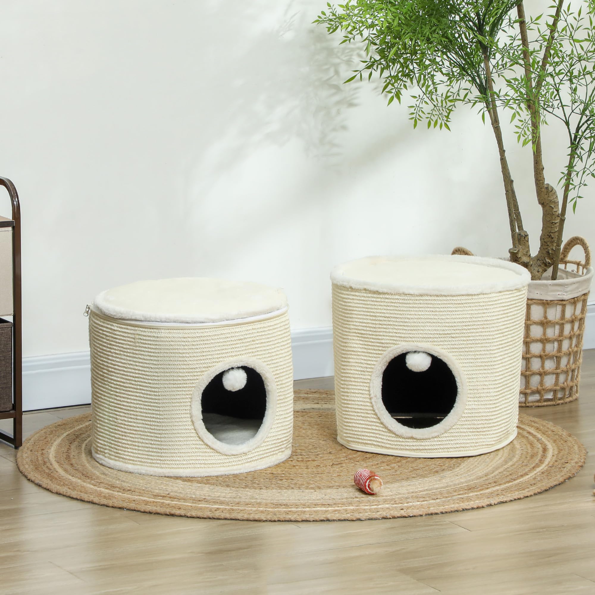 PawHut Kratztonne, 69 cm Hoch Katzentonne Teilbare Kratzbaum mit 2 Höhle, Spielball, Katzenturm, Katzenturm für Katzen bis 5 kg, Cremeweiß