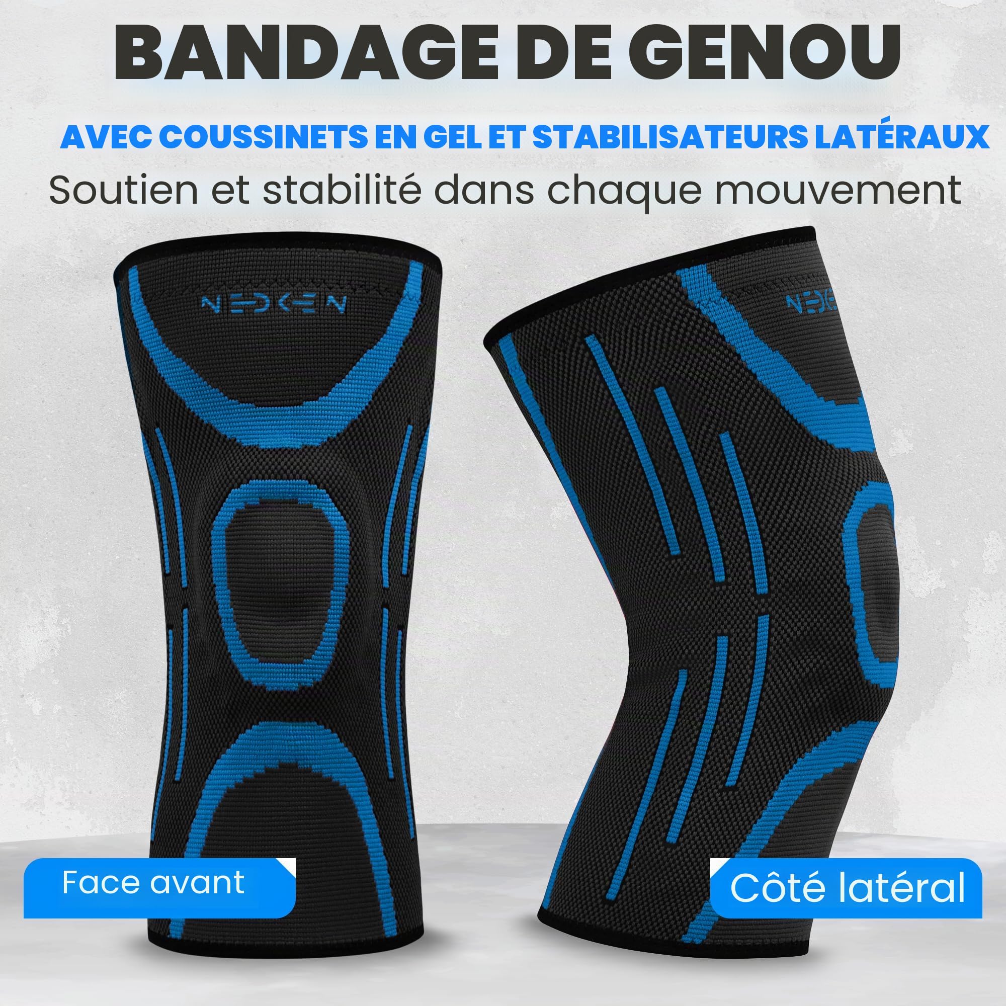 Genouillère – Genouillère de Compression, Orthèse de Soutien et Stabilisateur Ligamentaire pour le Sport, Genou, Ménisque, Douleur au Genou, Articulaire (Bleu, L)