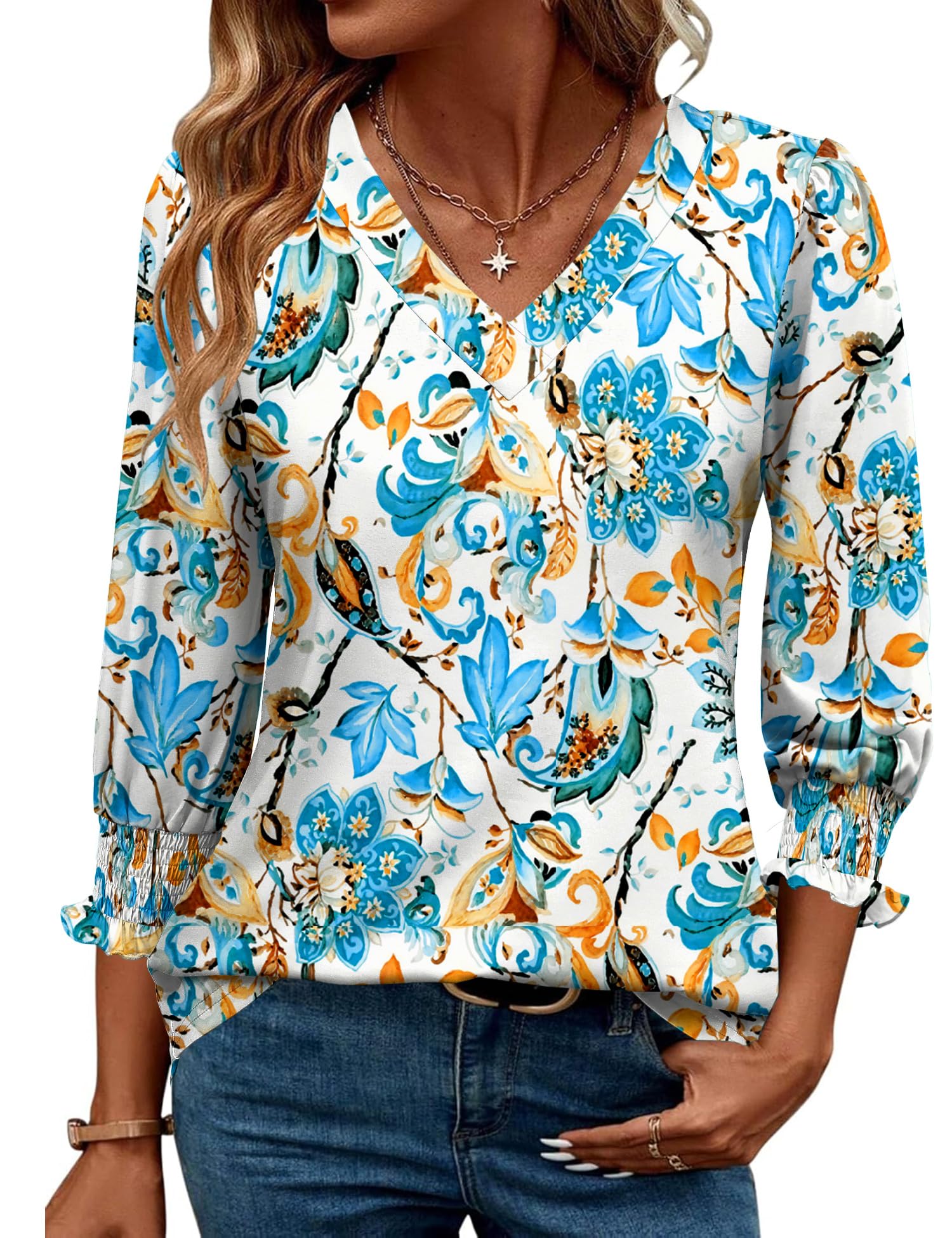 Rapbin 3/4 Length Sleeve Womens Tops Summer Trendy Puff-Sleeve V-Neck Blouses Dressy Casual Textured Smocked T-Shirt