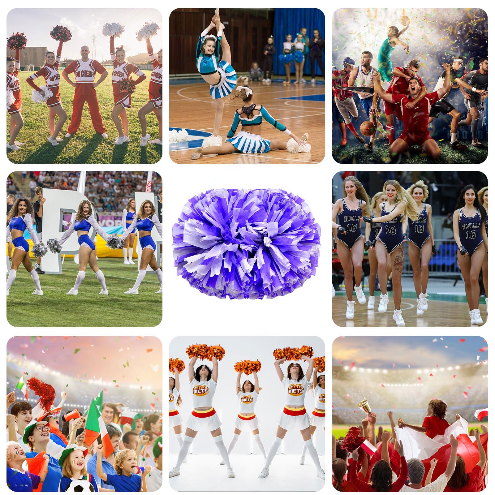 Pompon da cheerleading, 8 pezzi con manico, ideali per tifo di squadra, giochi di spirito,Pompon vivaci per i tifosi (bianco + viola)