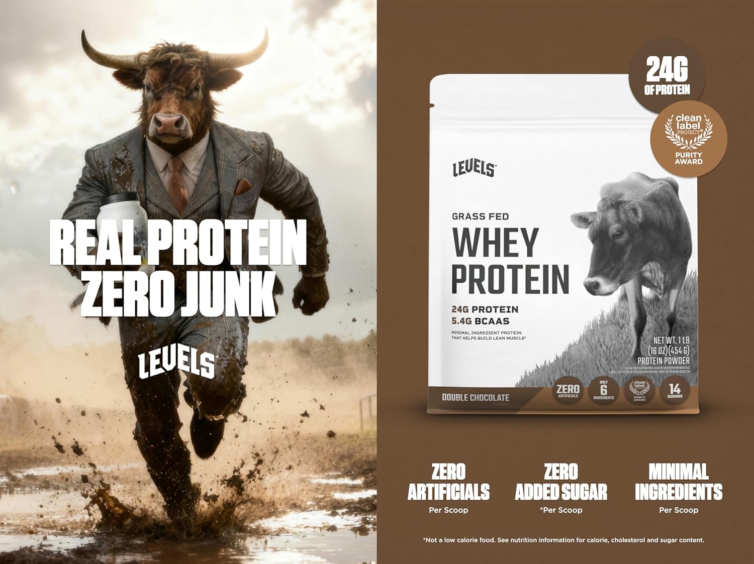 Levels Grass Fed Whey Protein Powder, No Artificials, 24G of Protein, Double Chocolate, 1LB