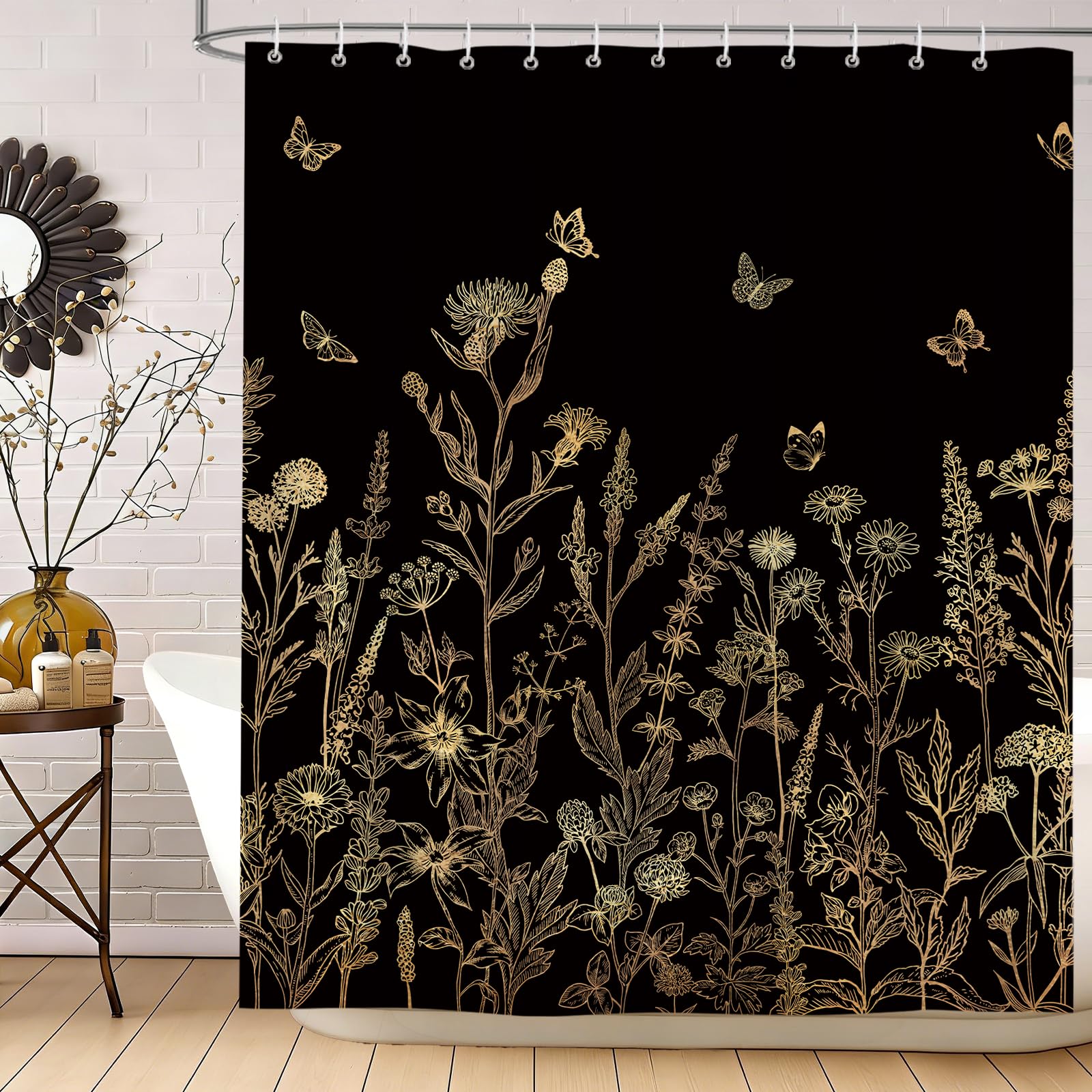 hometerixx Boho Vintage Wildflower Black Gold Floral Shower Curtain 72X72In