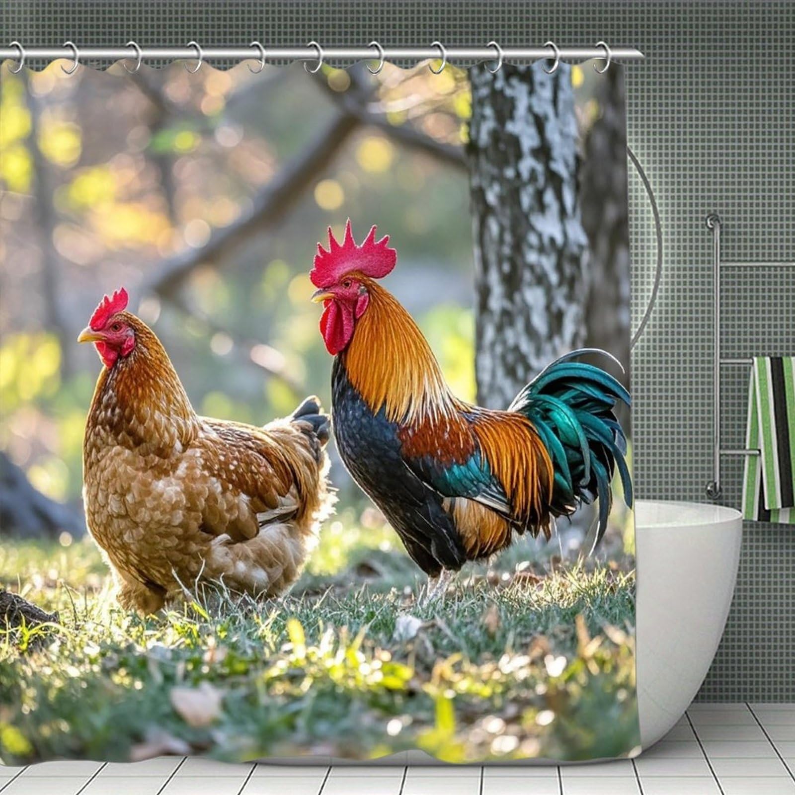 FekiLoot Beautiful Rooster Hen Shower Curtain Minimalist Aesthetic Bath Curtain with Hooks Simple Water Resistant Bathroom Shower Curtains Cute Blackout Privacy Curtains Cloth Curtain