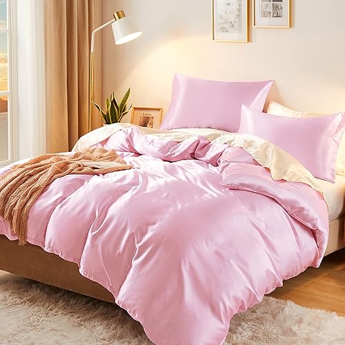 Vonty Juego de funda de edredón de satén sedoso de 3 piezas, funda de edredón tamaño King, juego de funda de edredón rosa orgánico natural de 400