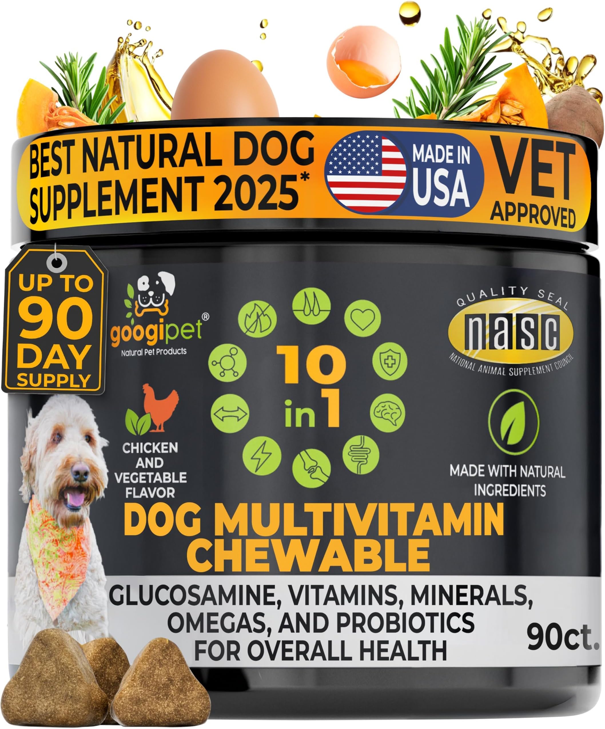 - Googipet Premium Dog Multivitamin Chewable, Dog Vitamins and Supplements, Puppy Vitamins & Senior Dogs Probiotics for Gut Health + Vitamin C, Glucosamine for Dogs Joint Support (Chicken Flavor)