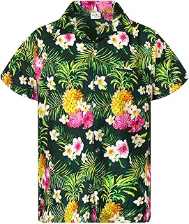 Camisa Hawaiana Casual Funky para niños, niños y niñas, Bolsillo Delantero, Manga Corta, Unisex, Estampado de Hojas de piña, Palmeras