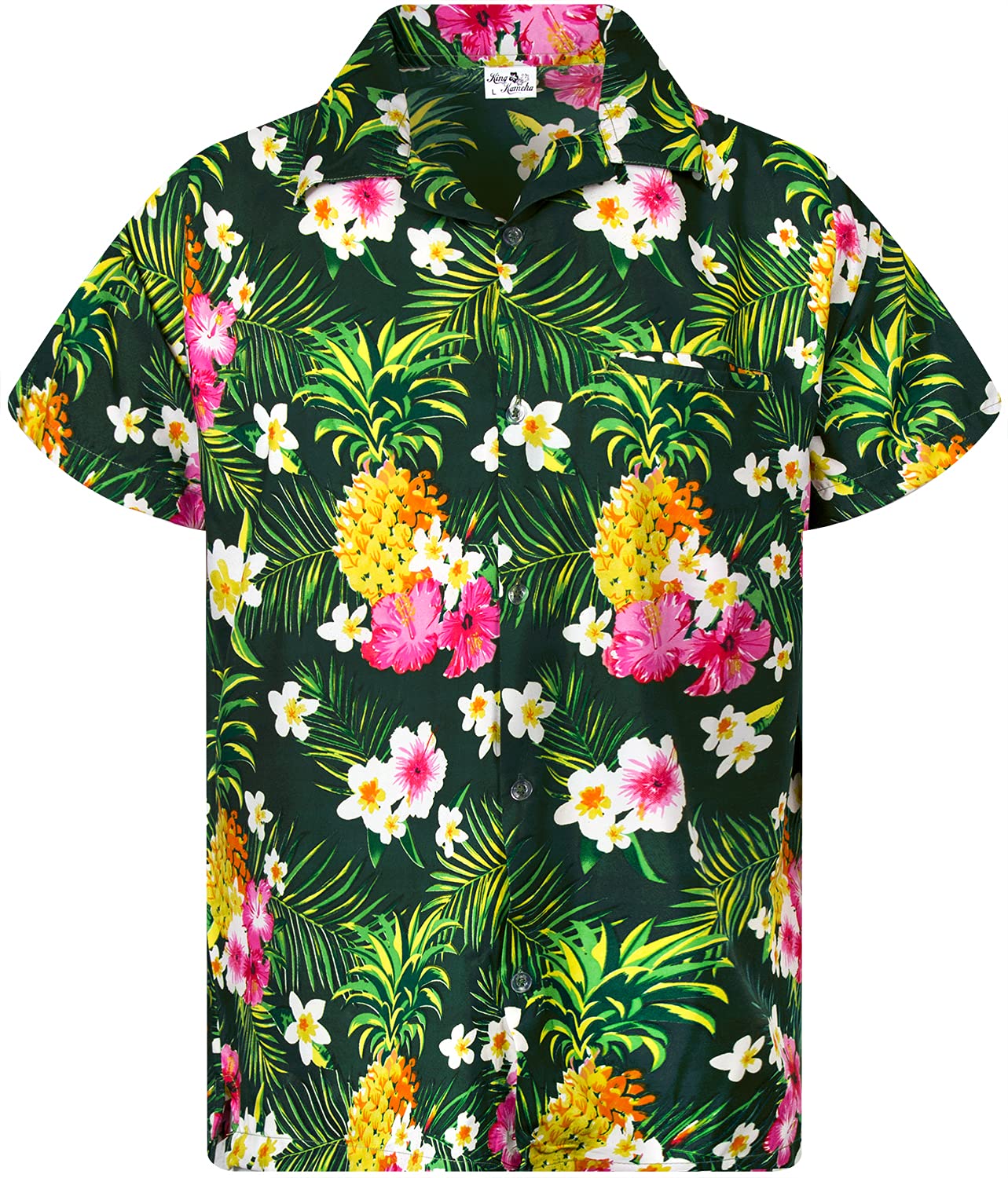 King Kameha Funky - Camisa Hawaiana para niños, niñas, Manga Corta, Bolsillo Frontal, Estampado Hawaiano, Unisex, diseño de Hojas de piña