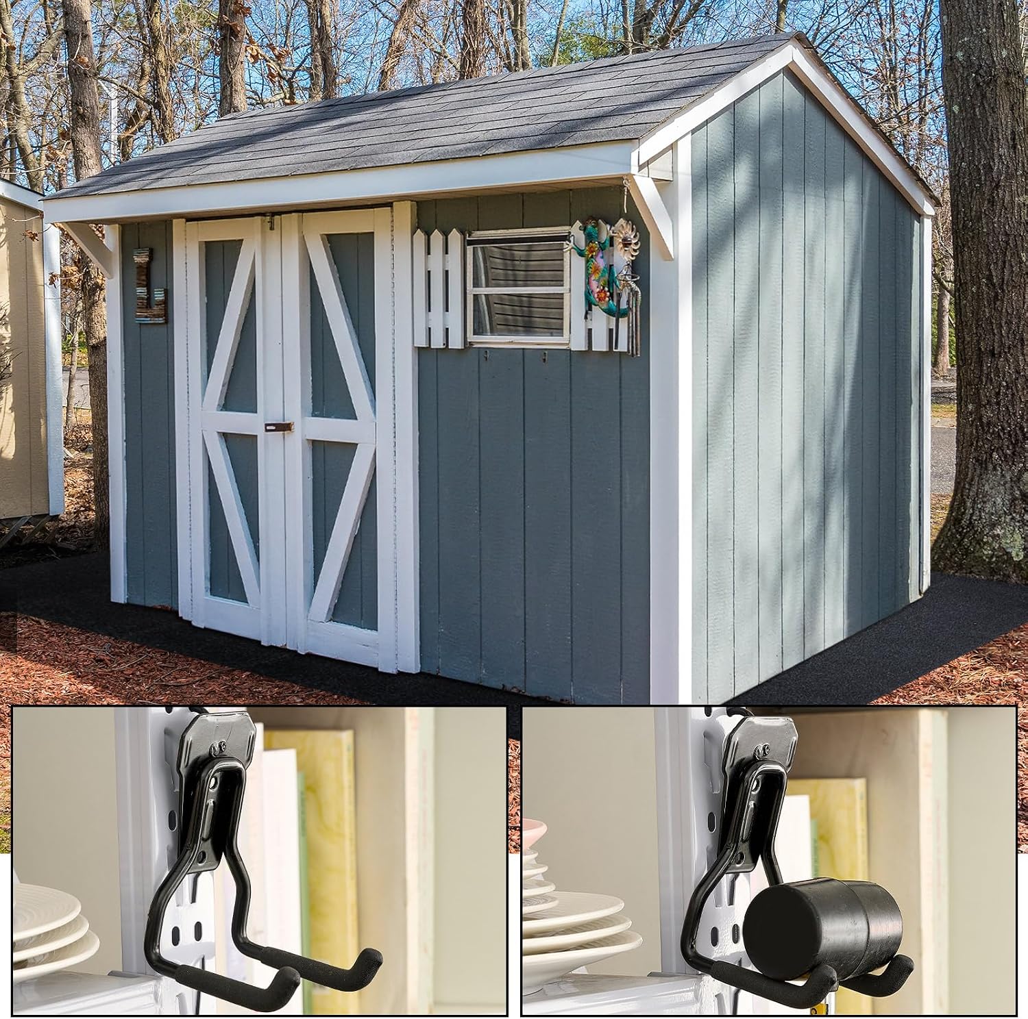 2 Pack Shed Accessories Multi Purpose Shed Hooks Metal Power Tool Holder for Large or Small Tools or Shovels, Black (Short Straight)