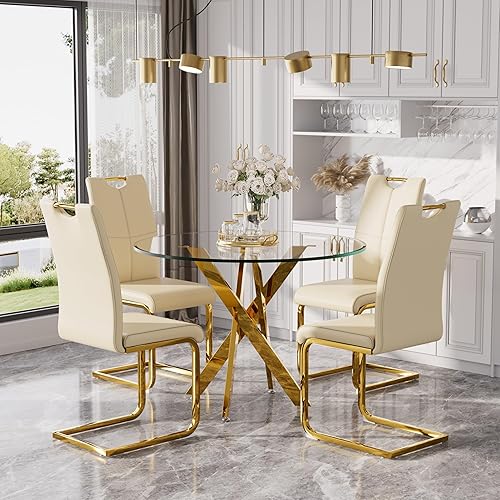 Miniatura 16 de Juego de mesa de comedor redonda moderna de vidrio de 36 pulgadas para 4, mesa de comedor de vidrio con patas cruzadas de metal, mesa de cocina con