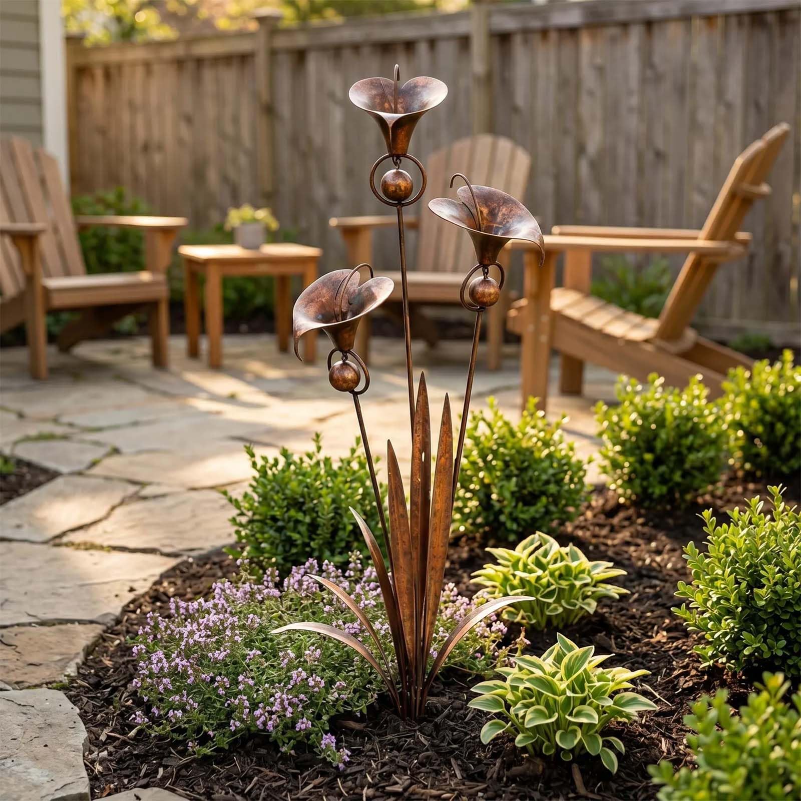 Flamed Copper Triple Calla Lily Garden Stake with Wind Bells