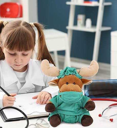 Miniatura 7 de DolliBu Juguete de peluche de Moose Doctor, súper suave, disfraz de médico de alce con bonito uniforme médico y traje de gorra, regalo de peluche