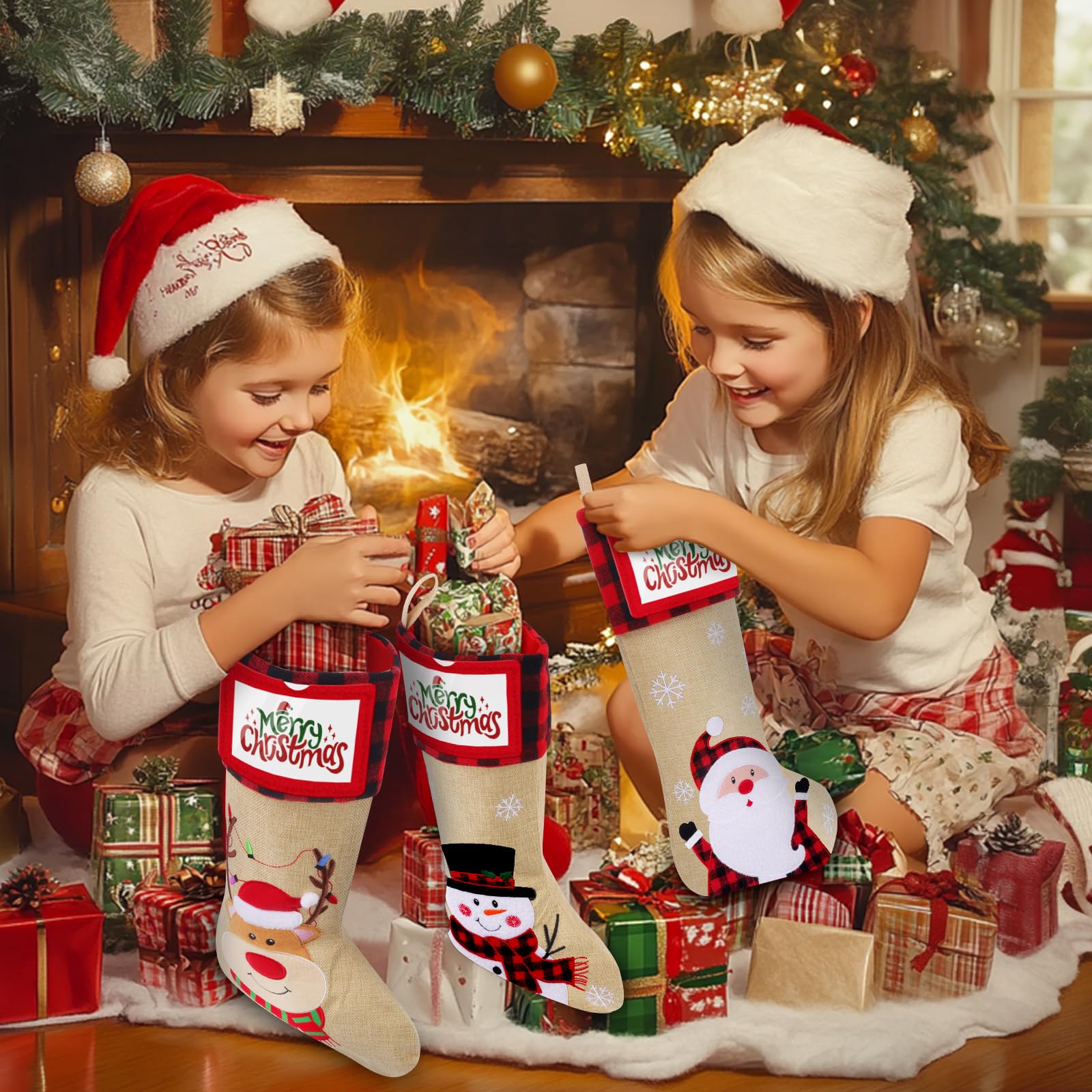 DeckTheHalls Weihnachtsstrümpfe, personalisierbar, 48,3 cm, großer Weihnachts- und Familienstrumpf für Weihnachtsbaumdekoration, Kamin-Party-Dekoration, 3 Stück