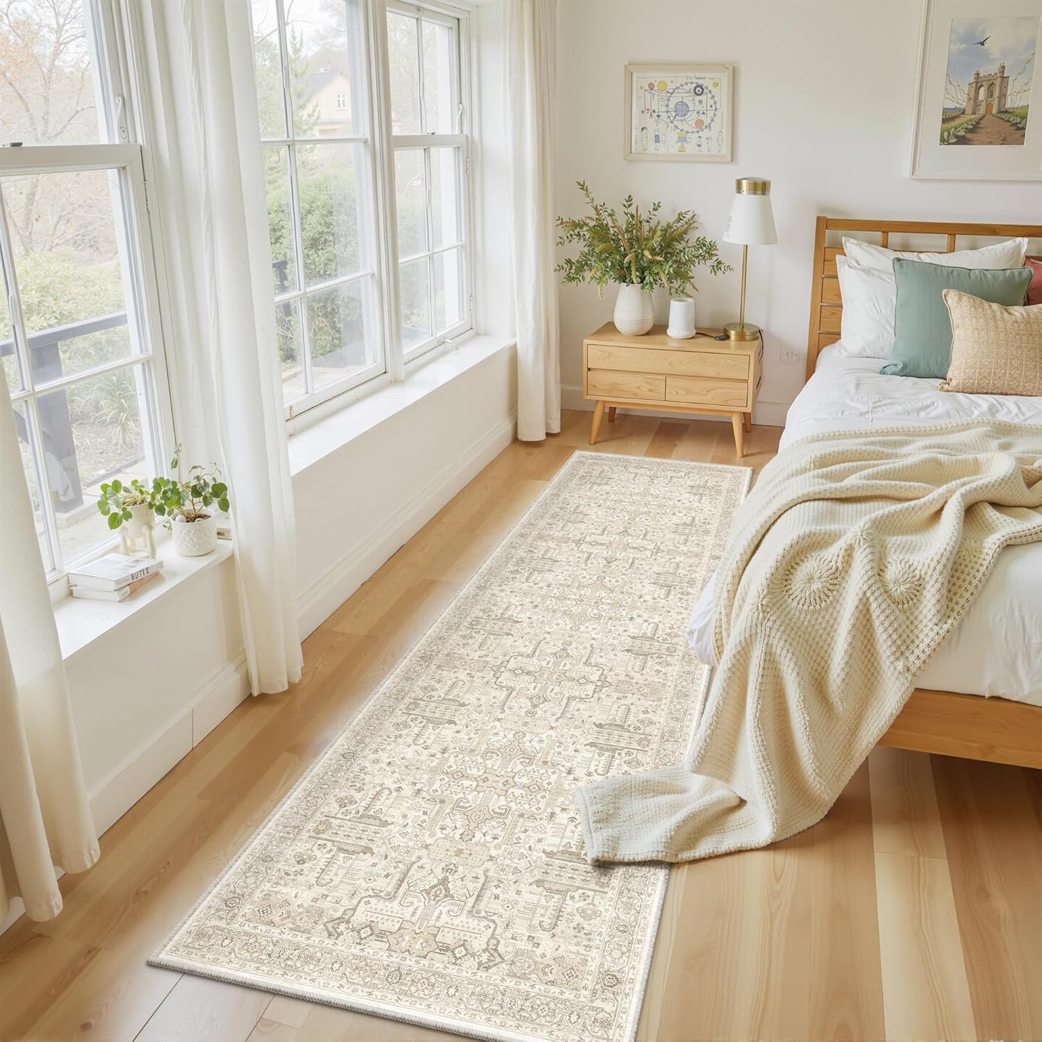 Washable 2x8 Runner Rug - Non Slip Vintage Kitchen Runner Rugs Low-Pile Distressed Long Rugs for Hallway Waterproof Indoor Carpet for Living Room Bedroom Entryway 2'x8' Beige