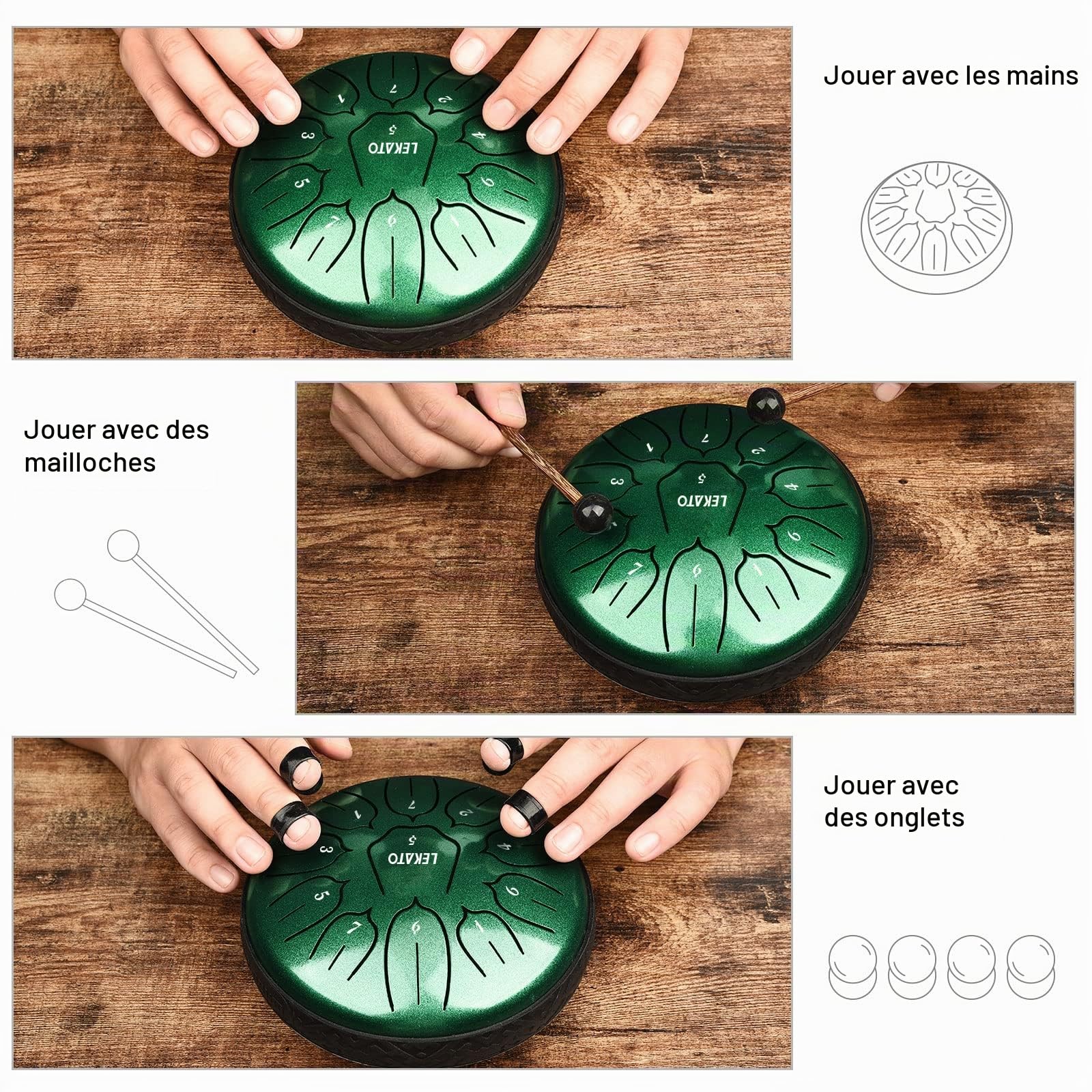 LEKATO Steel Tongue Drum à 6 Pouce 11 Notes Ré(D) Majeur, Steel Handpan Mini Tambour à Langue pour Débutant, Idéal Pour Méditation, Yoga, Education Musicale, Vert