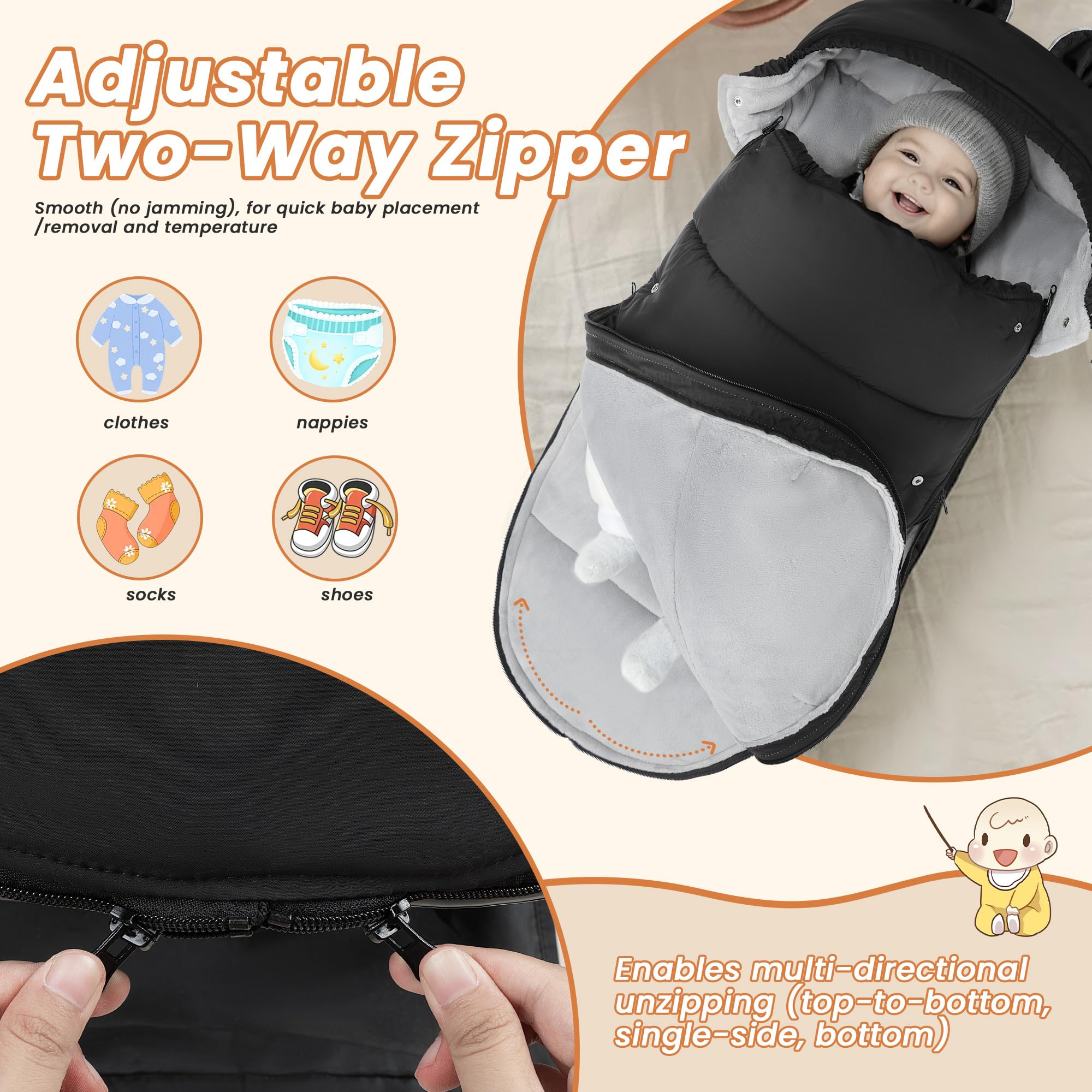 bemece Chancelière Universelle pour Poussette, Chancelière Bébé Poussette Hiver, Peluche Cristalline Chaude et Confortable, Imperméable,Antivent et Antifroid, Fermeture Éclair Amovible-Cadeaux de Fête